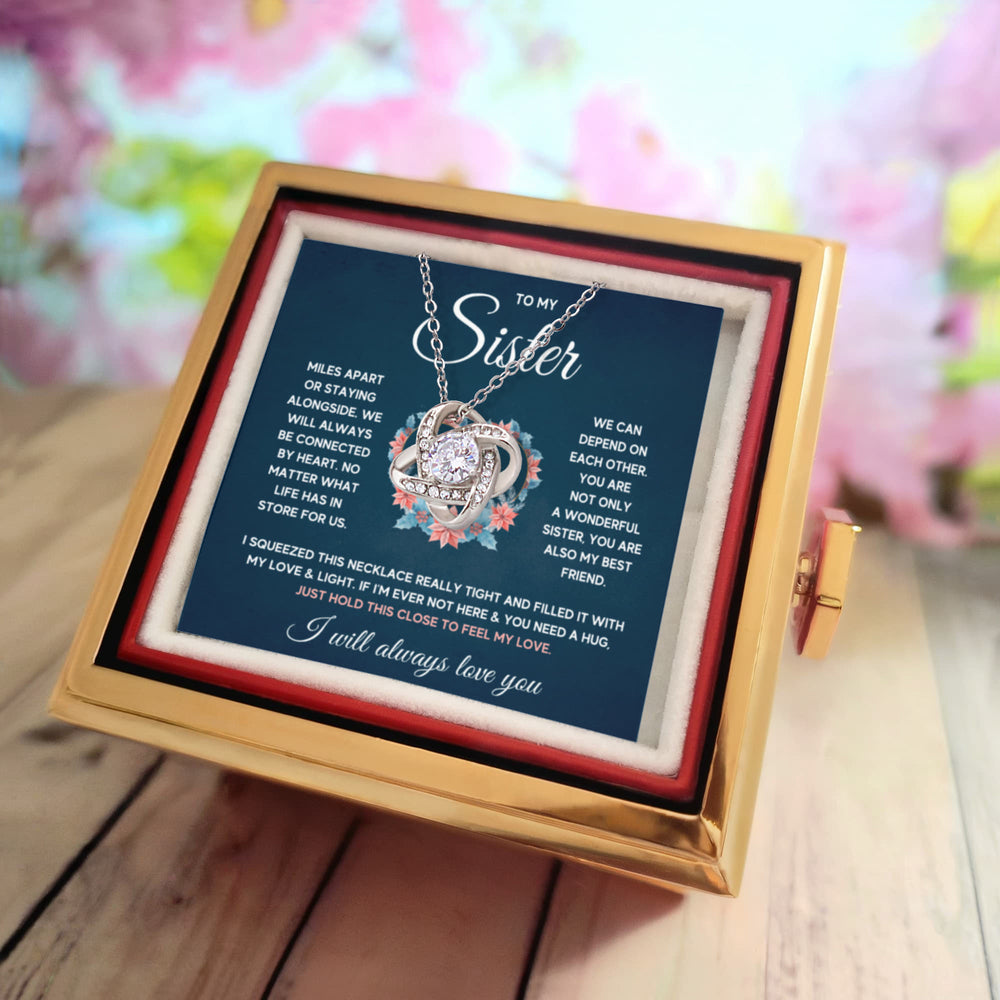 TO MY SISTER SQUEEZED LOVE KNOT NECKLACE ROSE BOX GIFT SET
