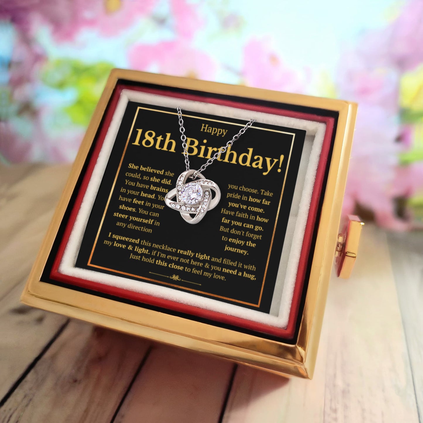 18TH BIRTHDAY SQUEEZED LOVE KNOT NECKLACE ROSE BOX GIFT SET