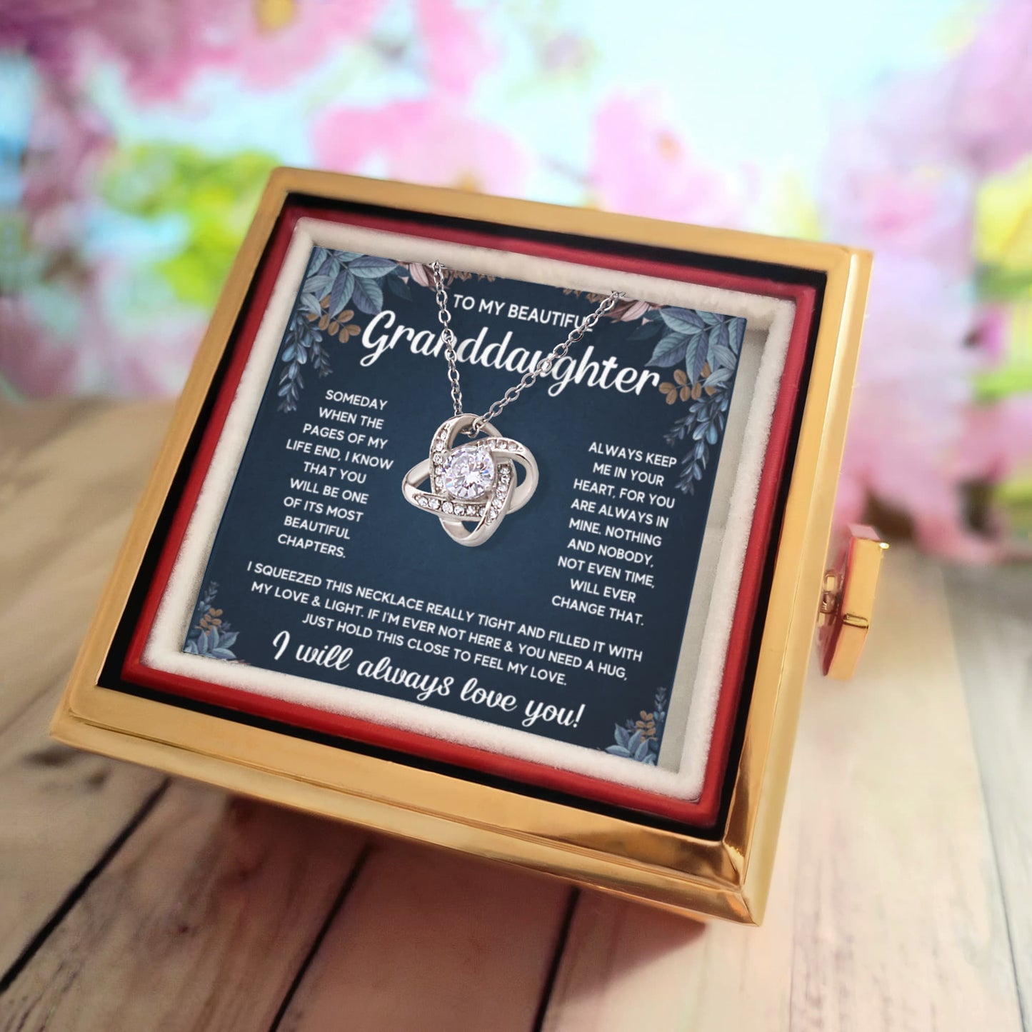 TO MY GRANDDAUGHTER SQUEEZED LOVE KNOT NECKLACE ROSE BOX GIFT SET
