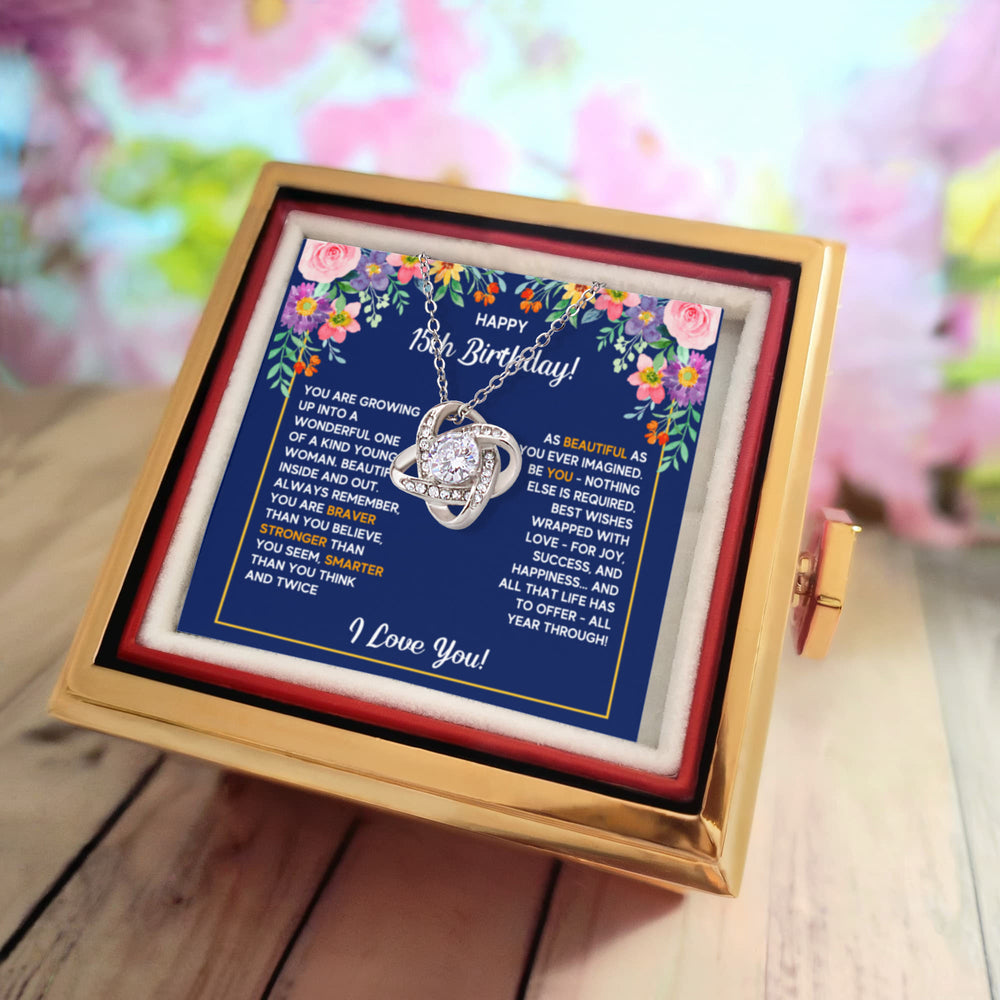 HAPPY 15TH BIRTHDAY WRAPPED LOVE KNOT NECKLACE ROSE BOX GIFT SET