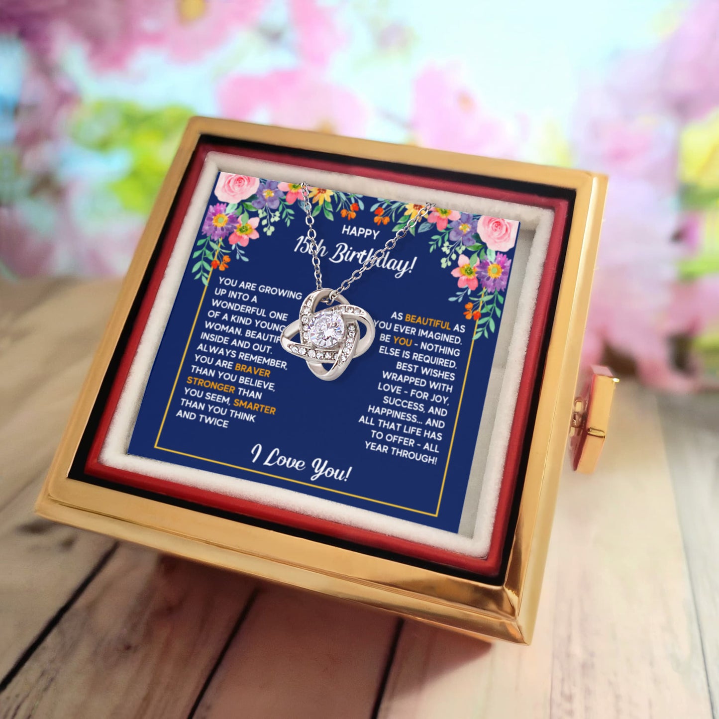 HAPPY 15TH BIRTHDAY WRAPPED LOVE KNOT NECKLACE ROSE BOX GIFT SET
