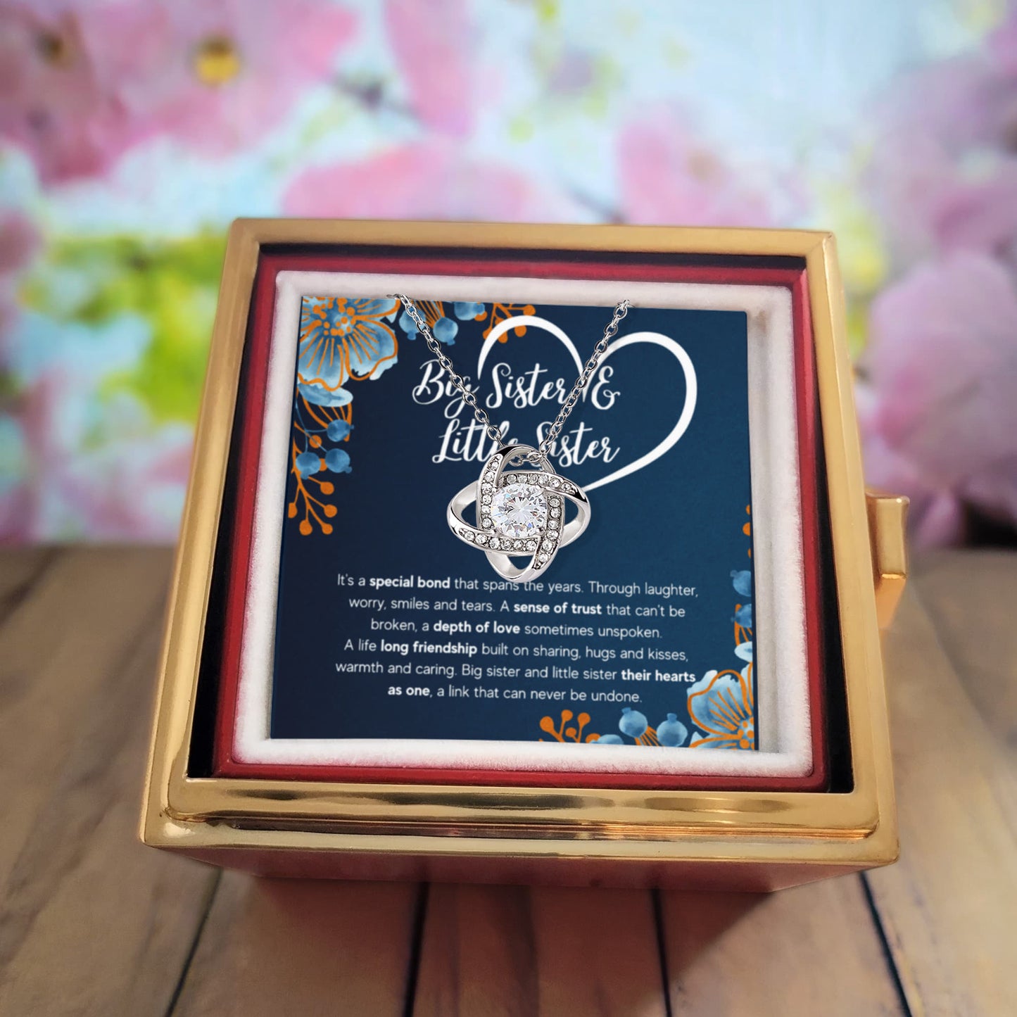 TO MY SISTER BOND KNOT NECKLACE ROSE BOX GIFT SET