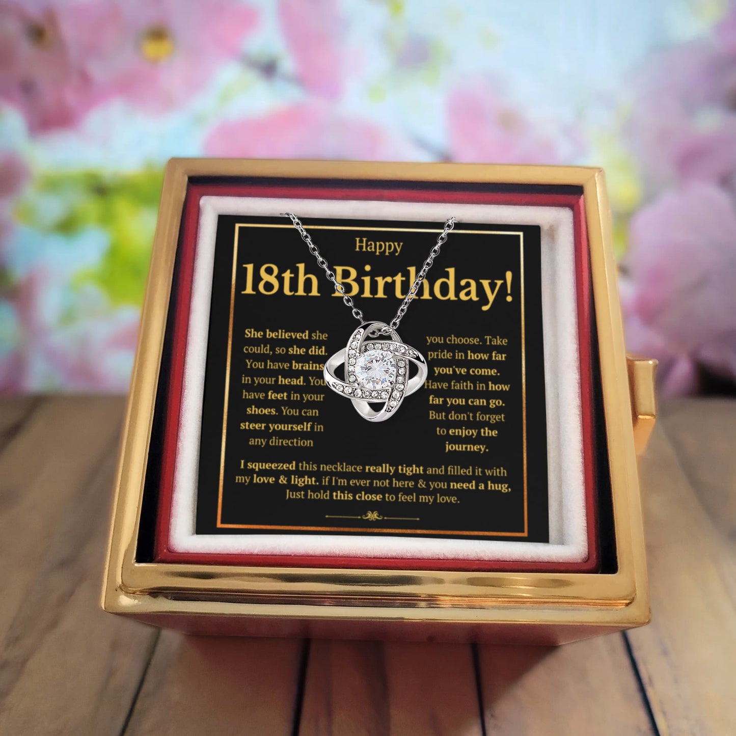 18TH BIRTHDAY SQUEEZED LOVE KNOT NECKLACE ROSE BOX GIFT SET