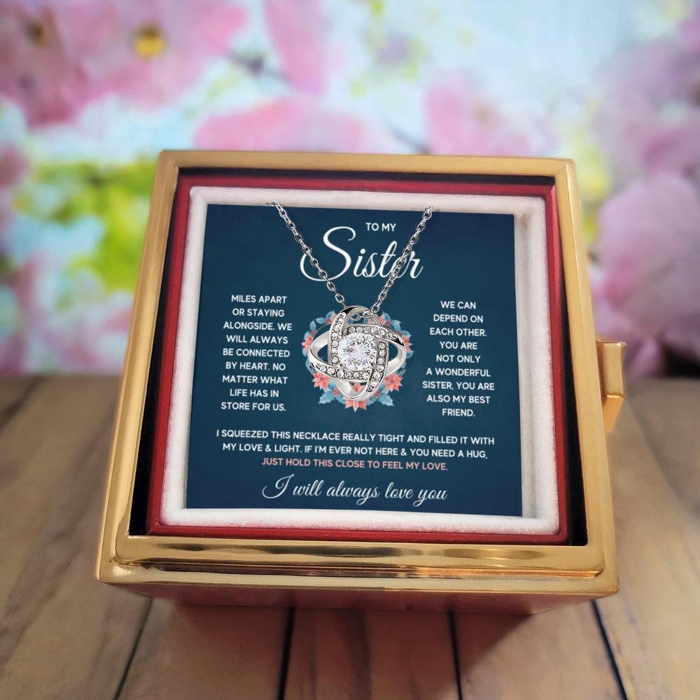 TO MY SISTER SQUEEZED LOVE KNOT NECKLACE ROSE BOX GIFT SET