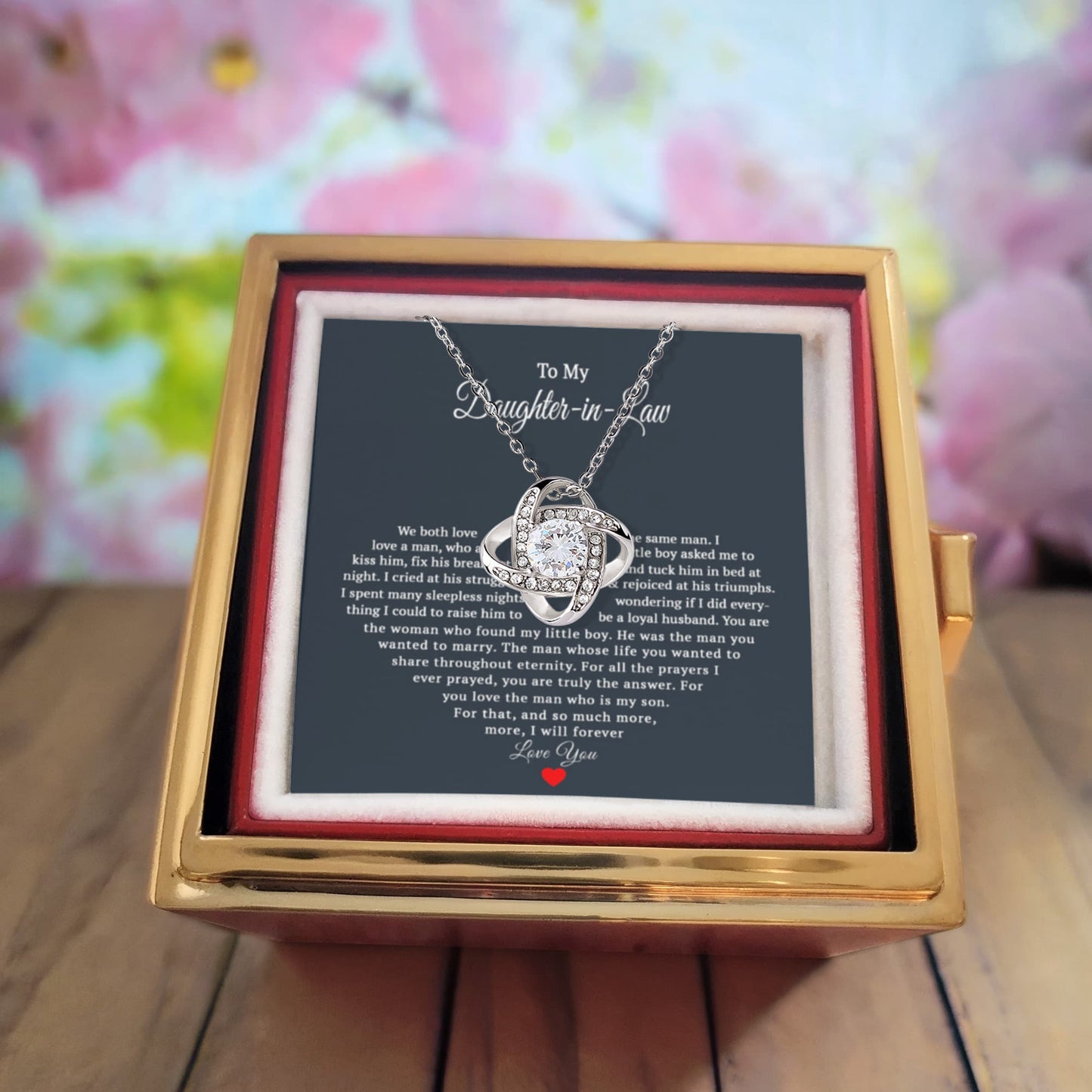 TO MY DAUGHTER IN LAW PRAYERS LOVE KNOT NECKLACE ROSE BOX GIFT SET