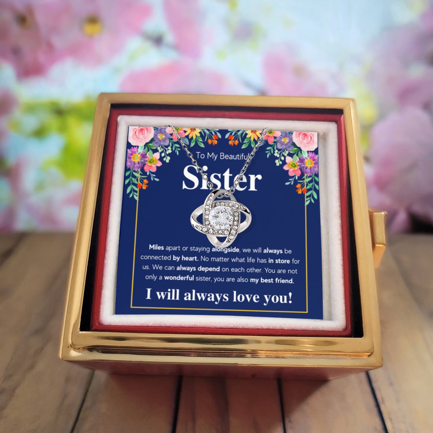 TO MY SISTER CONNECTED LOVE KNOT NECKLACE ROSE BOX GIFT SET