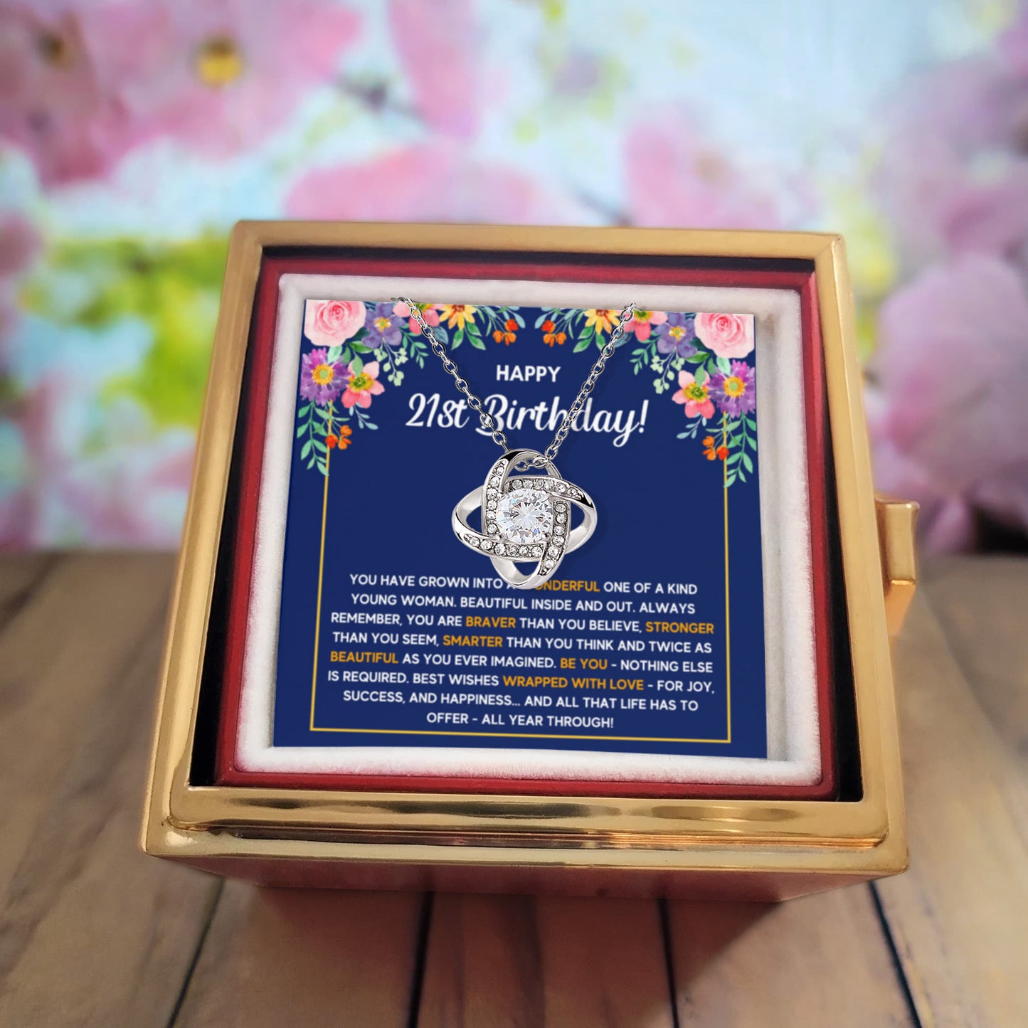 21ST BIRTHDAY WRAPPED LOVE KNOT NECKLACE ROSE BOX GIFT SET