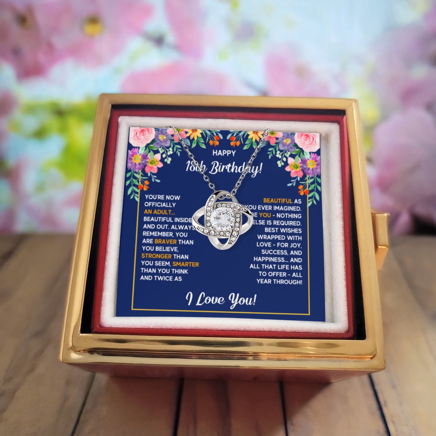 18TH BIRTHDAY WRAPPED LOVE KNOT NECKLACE ROSE BOX GIFT SET