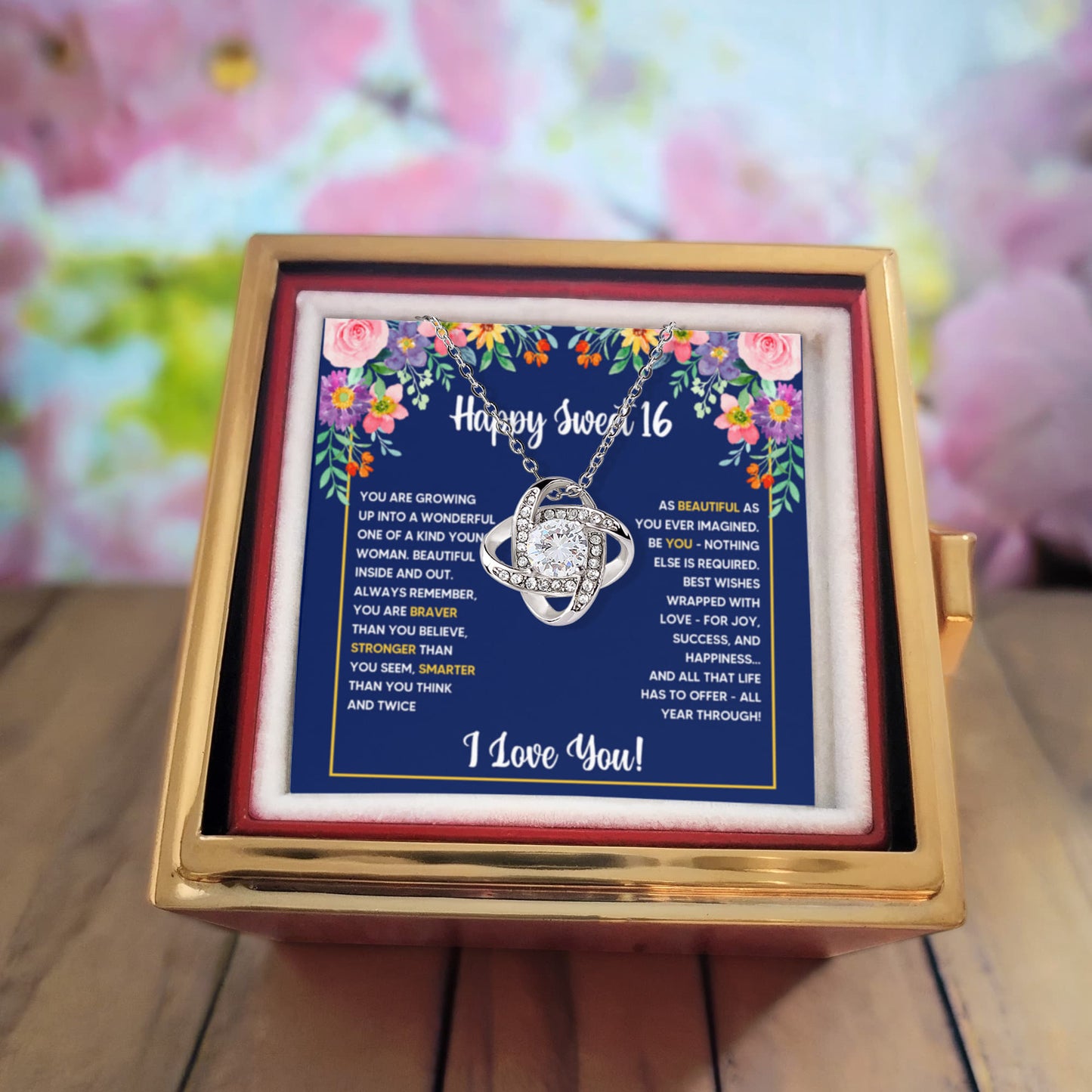 SWEET 16 WRAPPED LOVE KNOT NECKLACE ROSE BOX GIFT SET