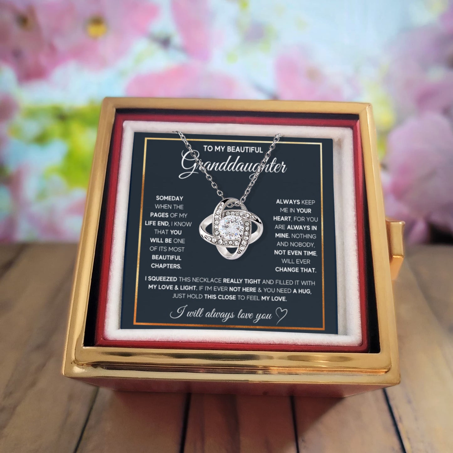 TO MY GRANDDAUGHTER SQUEEZED LOVE KNOT NECKLACE ROSE BOX GIFT SET