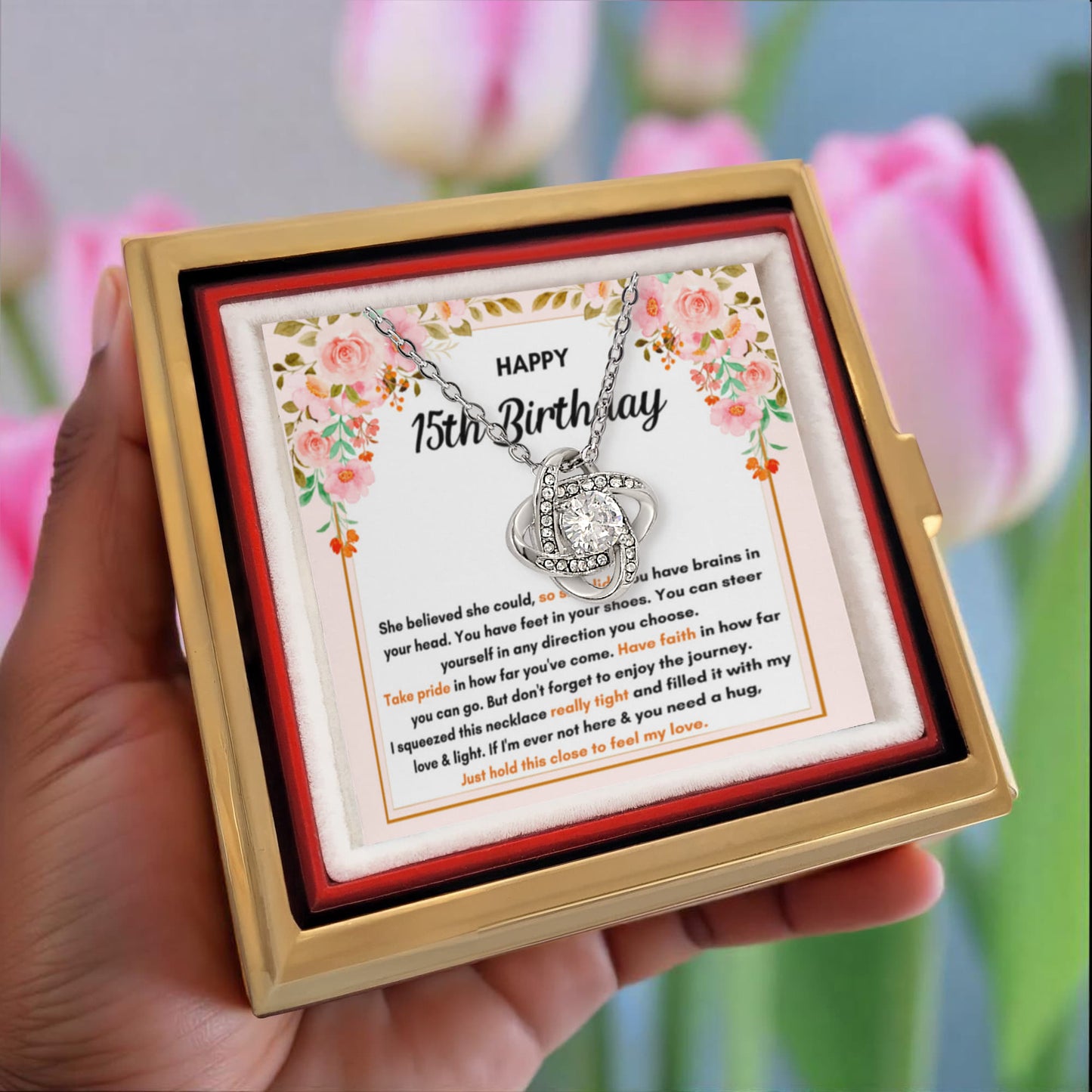 15TH BIRTHDAY SQUEEZED LOVE KNOT NECKLACE ROSE BOX GIFT SET