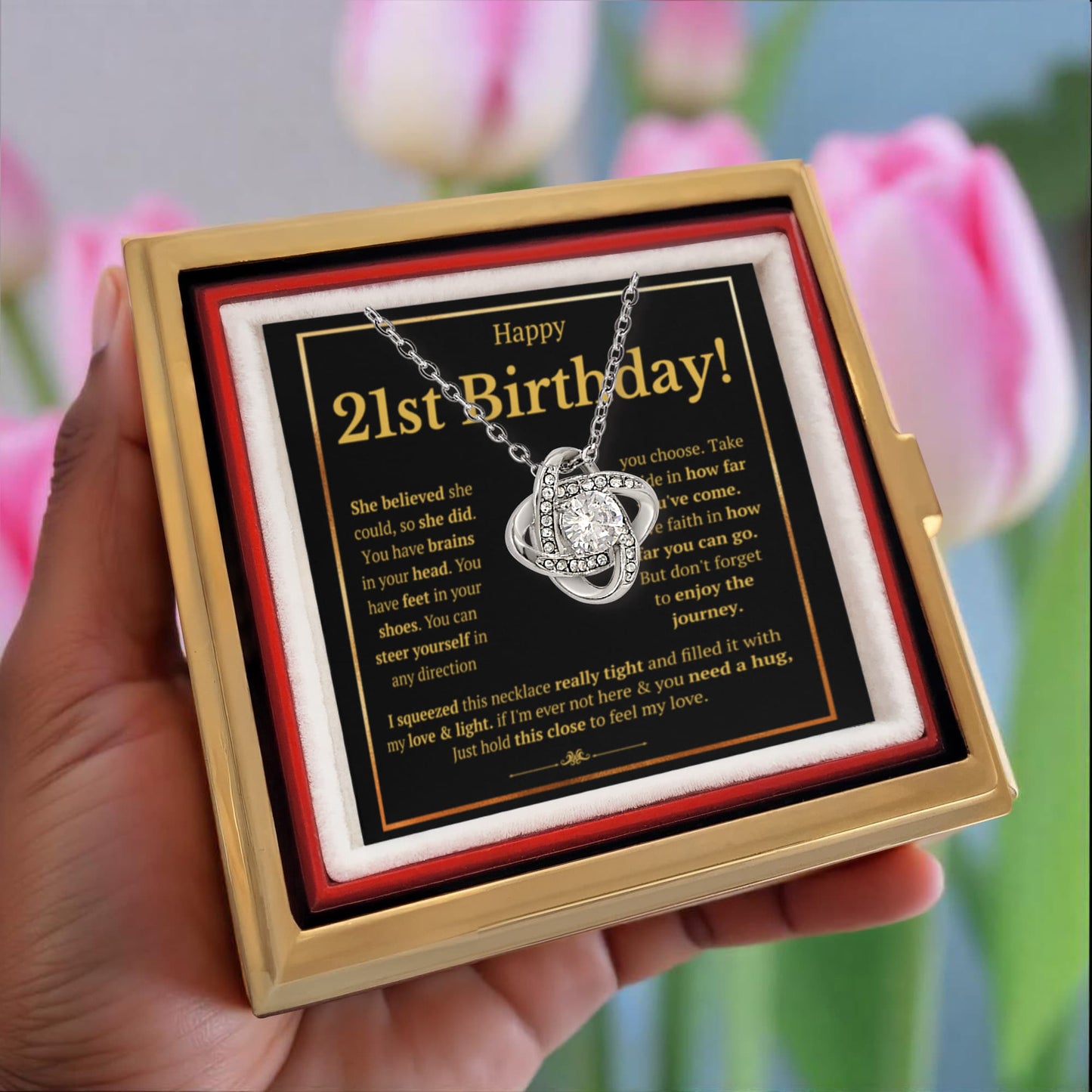 21ST BIRTHDAY SQUEEZED LOVE KNOT NECKLACE ROSE BOX GIFT SET