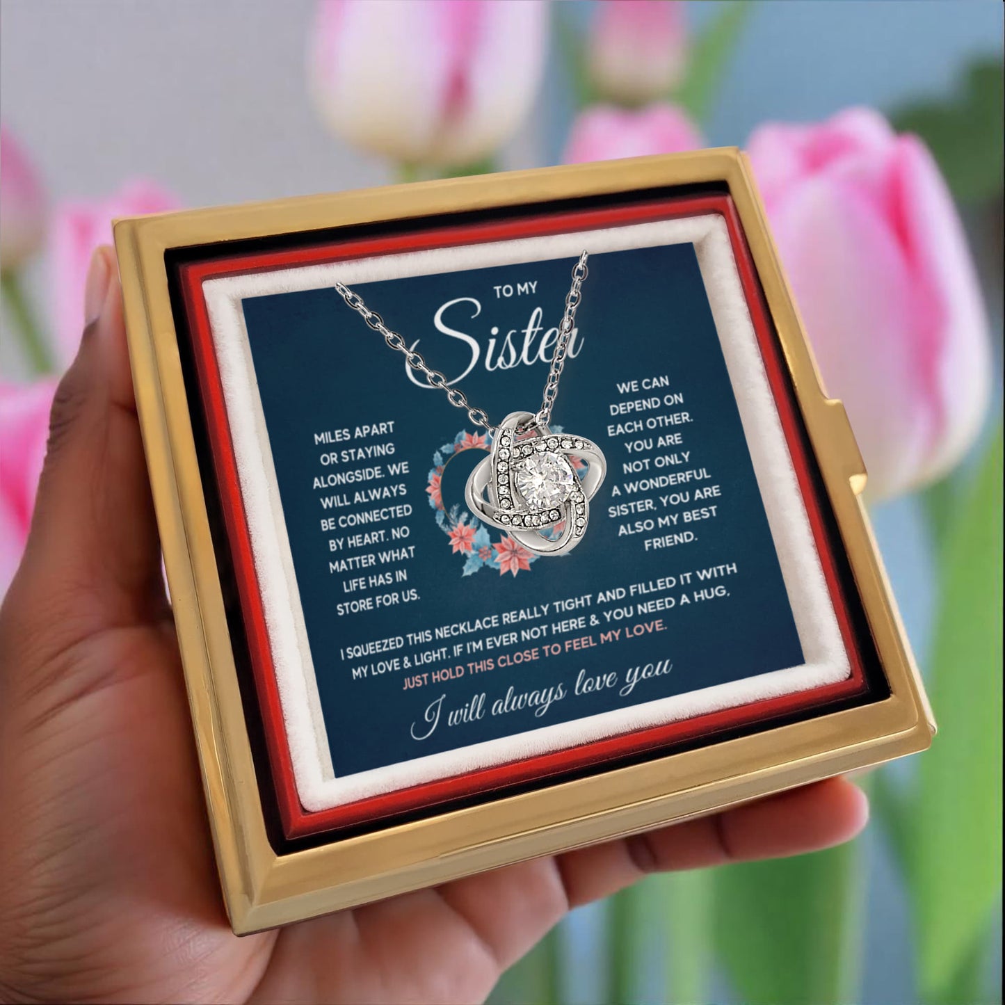 TO MY SISTER SQUEEZED LOVE KNOT NECKLACE ROSE BOX GIFT SET