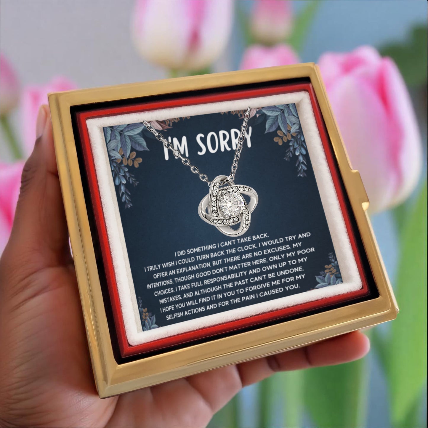 I'M SORRY POOR CHOICES LOVE KNOT NECKLACE ROSE BOX GIFT SET