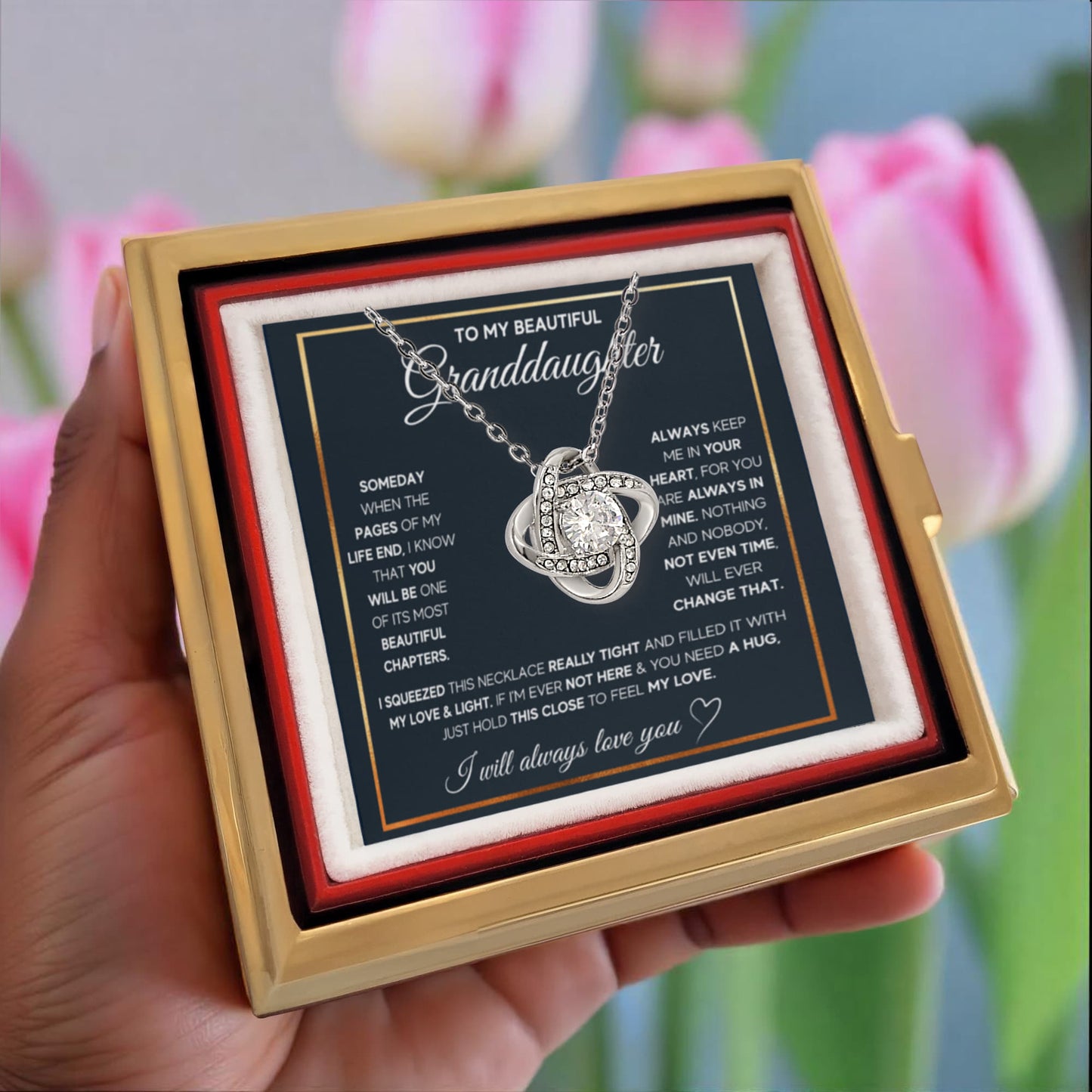 TO MY GRANDDAUGHTER SQUEEZED LOVE KNOT NECKLACE ROSE BOX GIFT SET