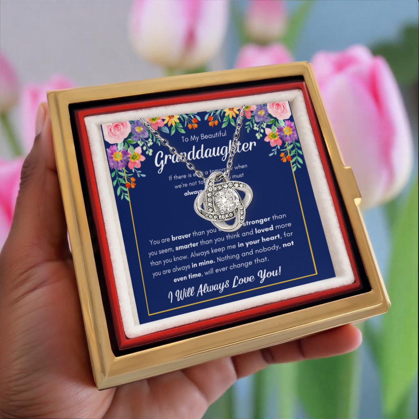 TO MY GRANDDAUGHTER BRAVER LOVE KNOT NECKLACE ROSE BOX GIFT SET