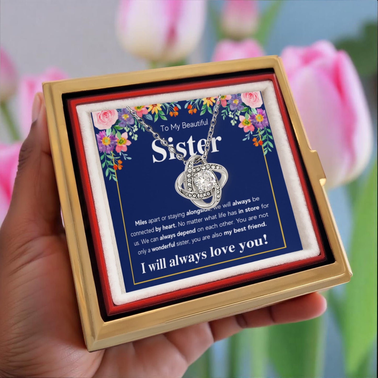 TO MY SISTER CONNECTED LOVE KNOT NECKLACE ROSE BOX GIFT SET