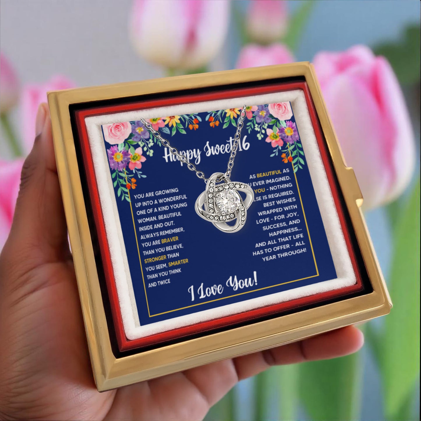 SWEET 16 WRAPPED LOVE KNOT NECKLACE ROSE BOX GIFT SET