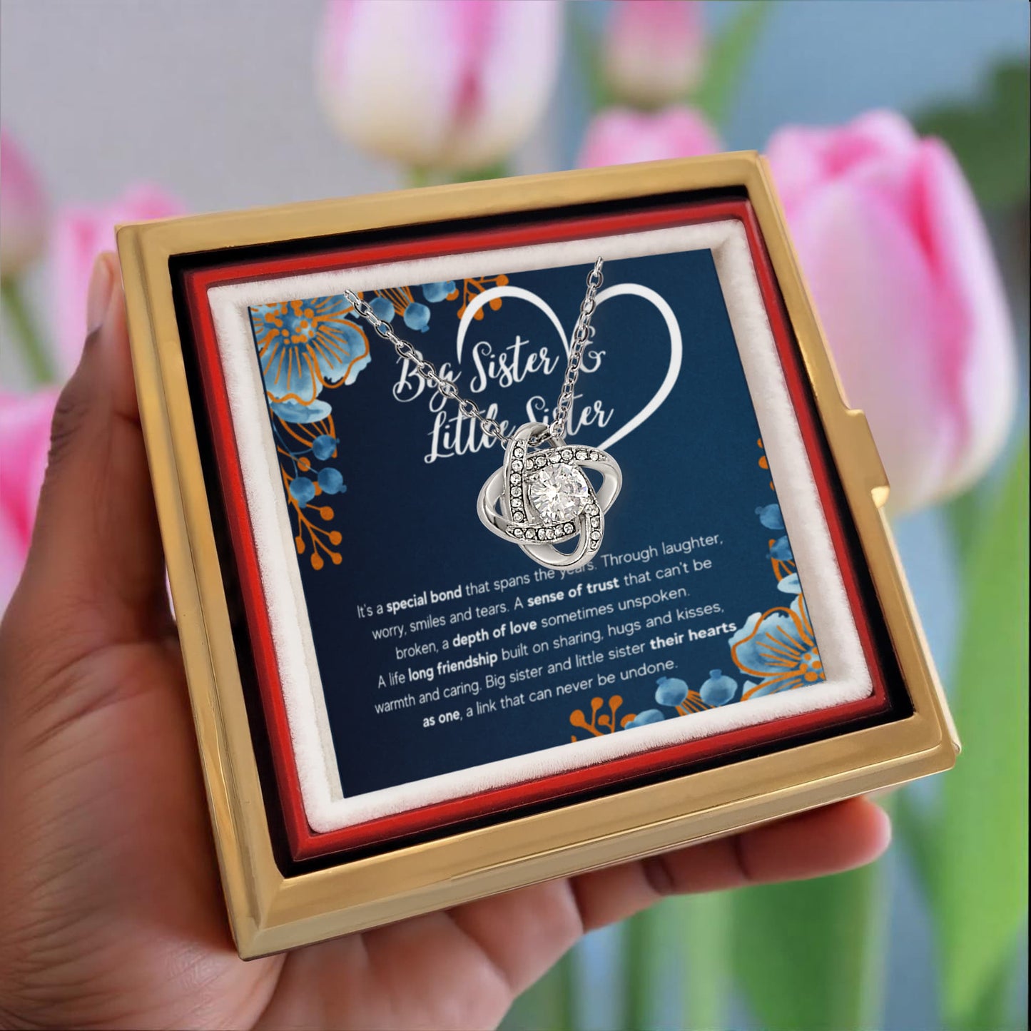 TO MY SISTER BOND KNOT NECKLACE ROSE BOX GIFT SET