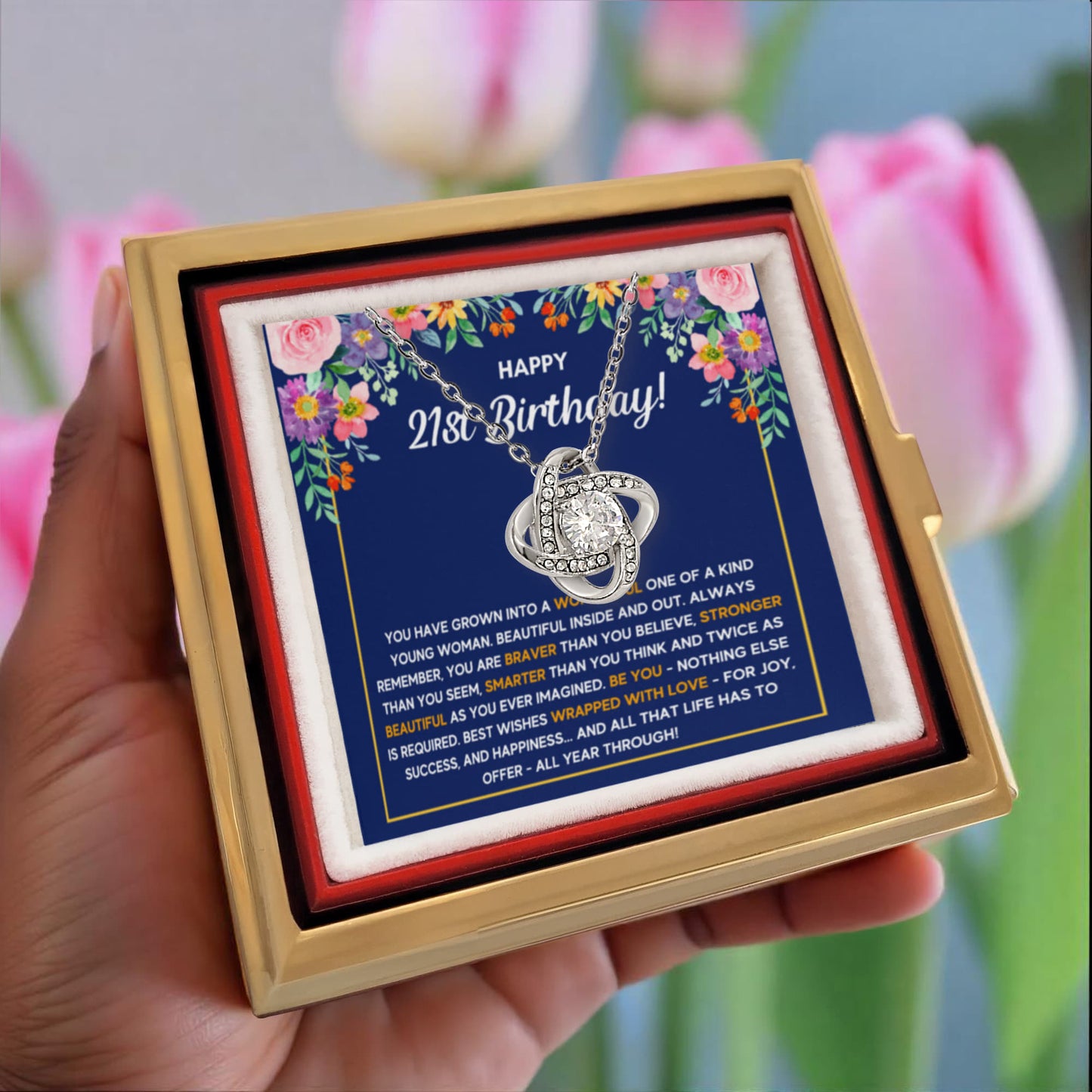 21ST BIRTHDAY WRAPPED LOVE KNOT NECKLACE ROSE BOX GIFT SET