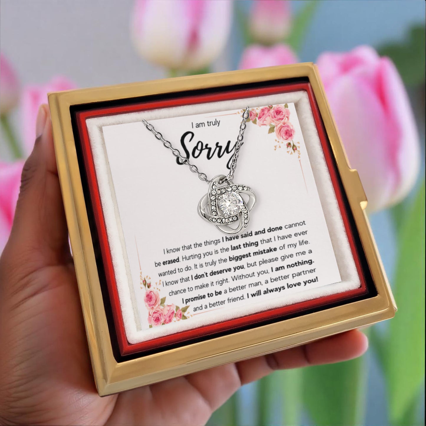 I'M SORRY MISTAKE LOVE KNOT NECKLACE ROSE BOX GIFT SET
