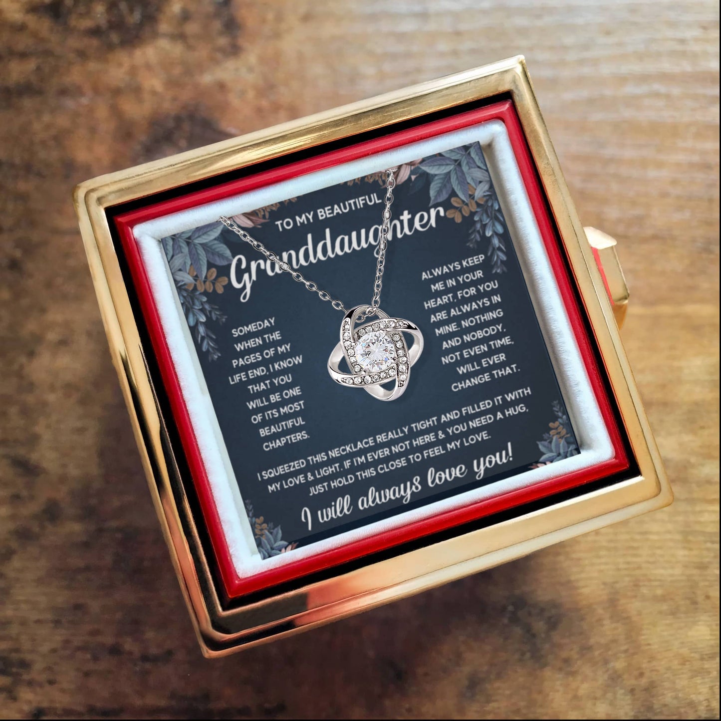 TO MY GRANDDAUGHTER SQUEEZED LOVE KNOT NECKLACE ROSE BOX GIFT SET