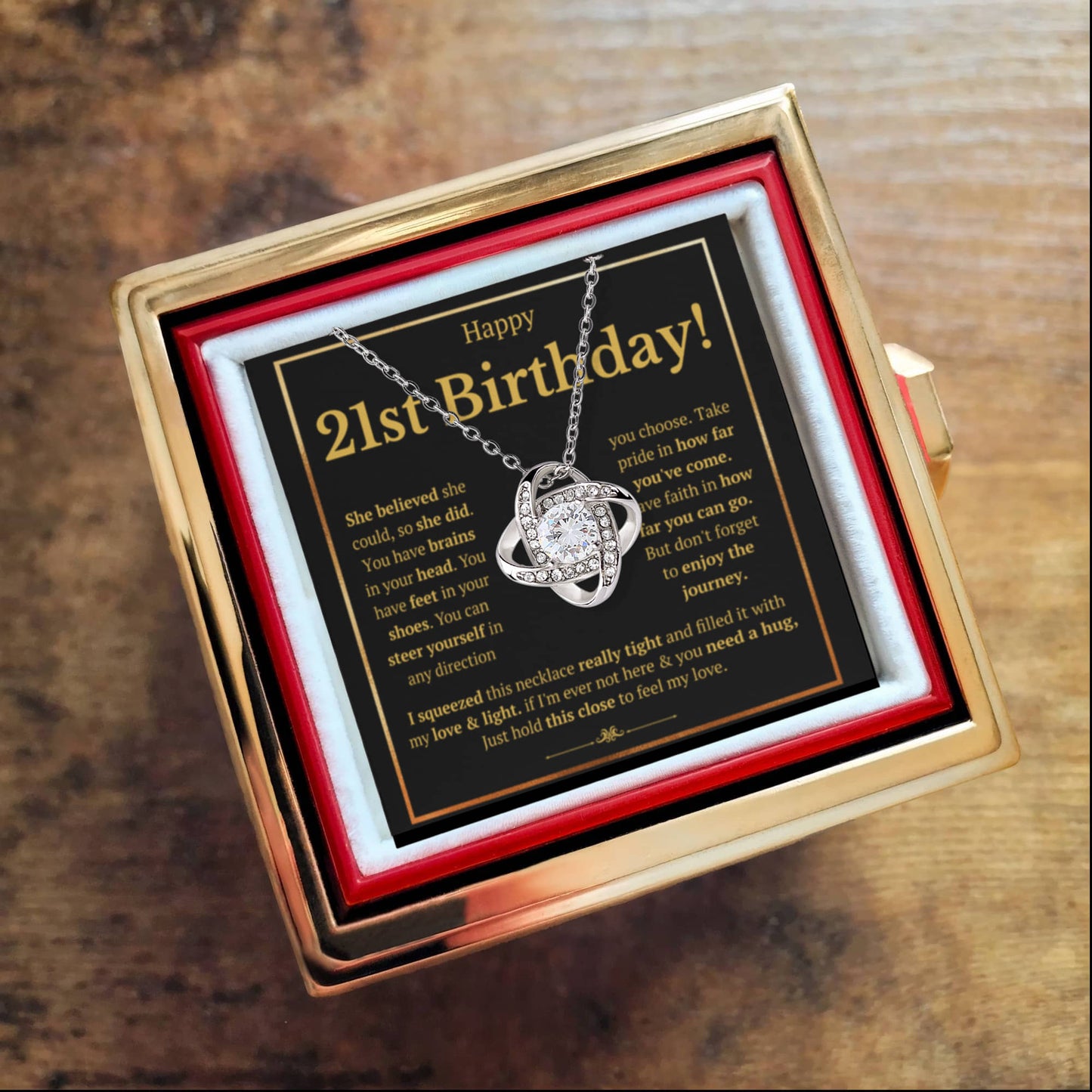 21ST BIRTHDAY SQUEEZED LOVE KNOT NECKLACE ROSE BOX GIFT SET