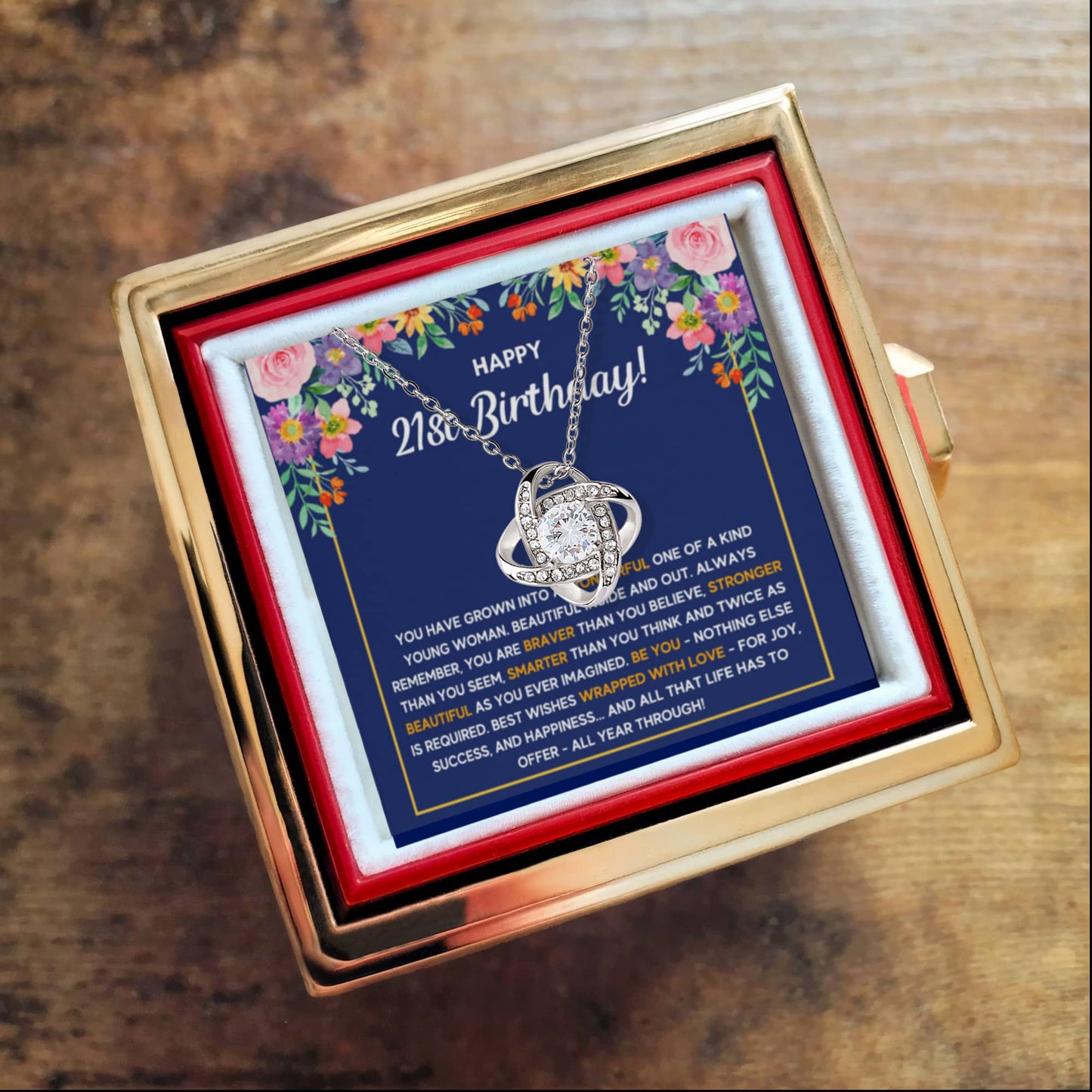 21ST BIRTHDAY WRAPPED LOVE KNOT NECKLACE ROSE BOX GIFT SET