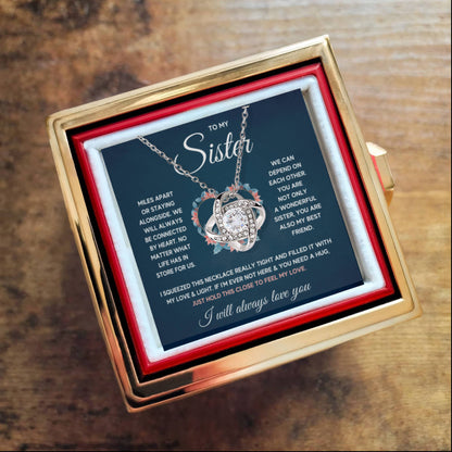 TO MY SISTER SQUEEZED LOVE KNOT NECKLACE ROSE BOX GIFT SET