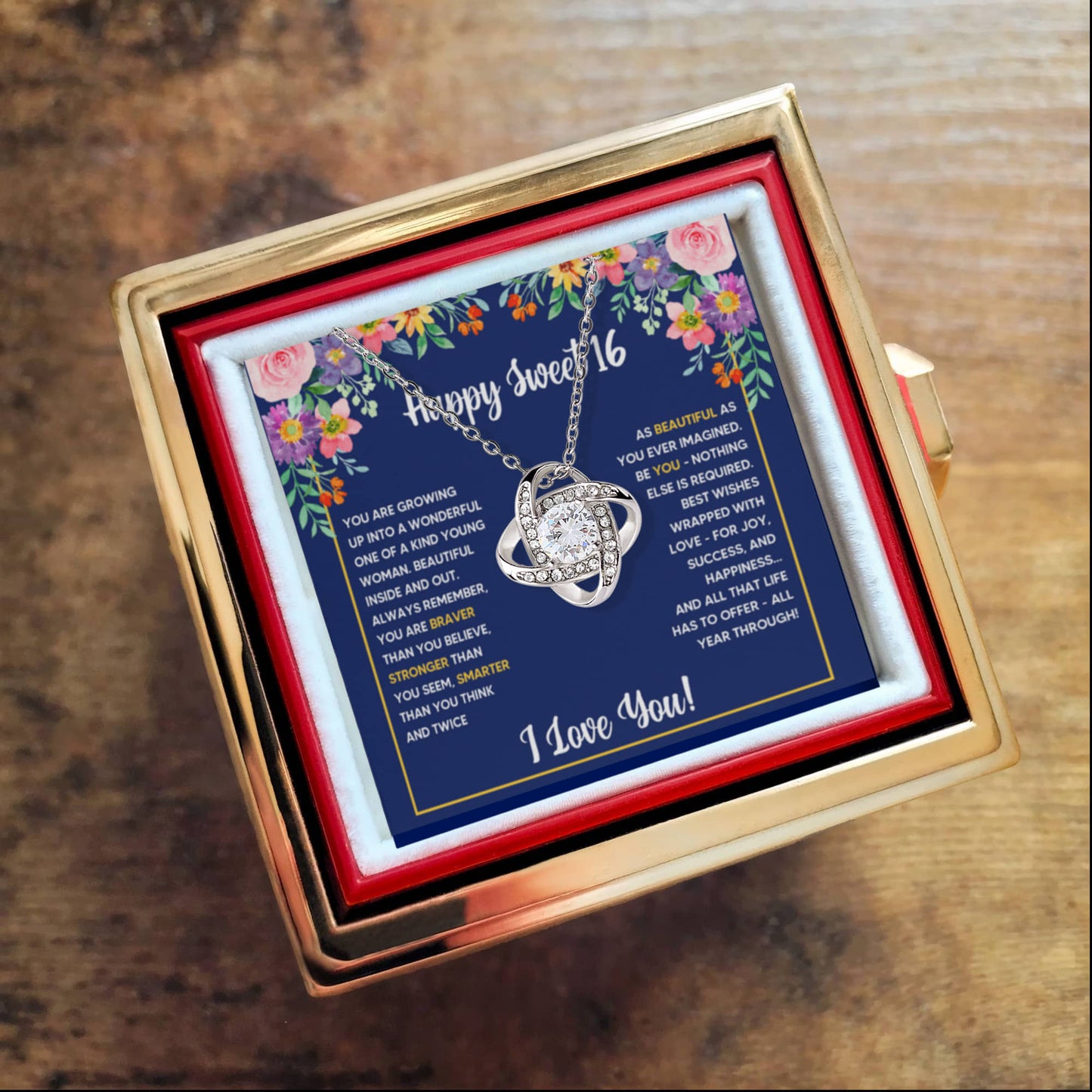 SWEET 16 WRAPPED LOVE KNOT NECKLACE ROSE BOX GIFT SET