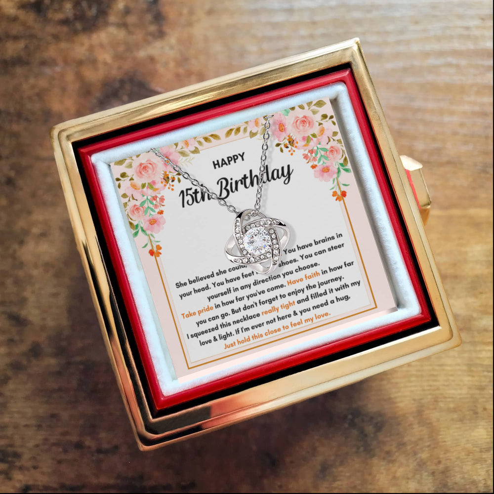 15TH BIRTHDAY SQUEEZED LOVE KNOT NECKLACE ROSE BOX GIFT SET