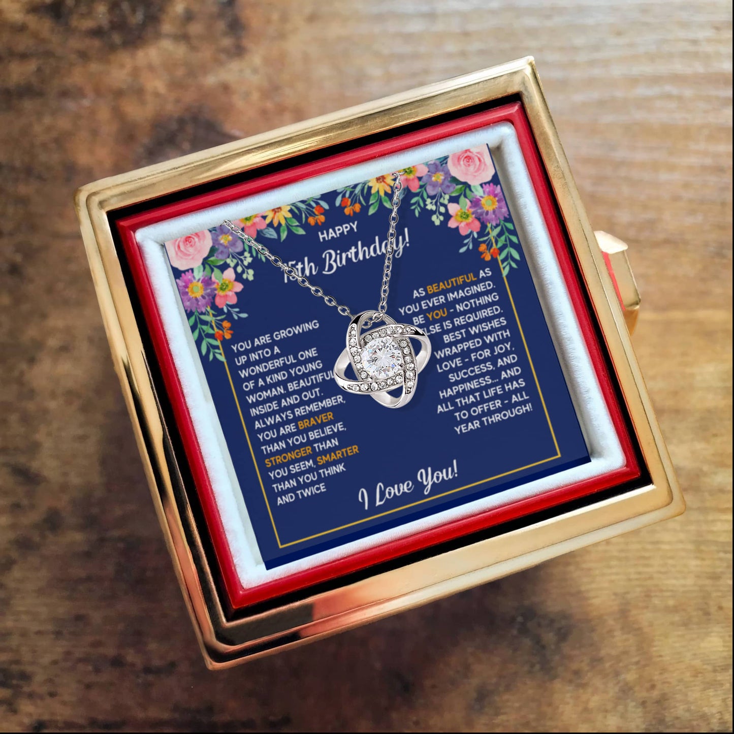 HAPPY 15TH BIRTHDAY WRAPPED LOVE KNOT NECKLACE ROSE BOX GIFT SET
