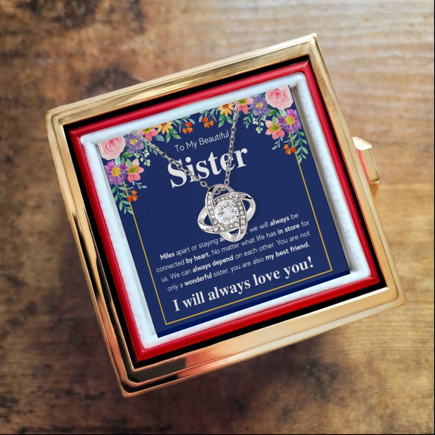TO MY SISTER CONNECTED LOVE KNOT NECKLACE ROSE BOX GIFT SET