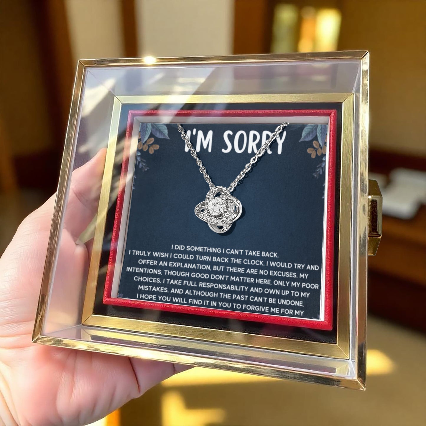 I'M SORRY POOR CHOICES LOVE KNOT NECKLACE ROSE BOX GIFT SET