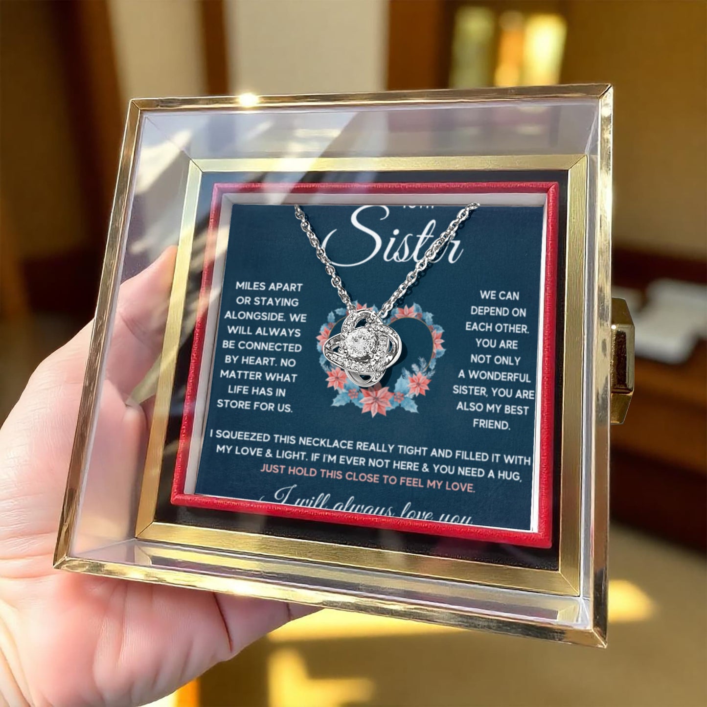 TO MY SISTER SQUEEZED LOVE KNOT NECKLACE ROSE BOX GIFT SET