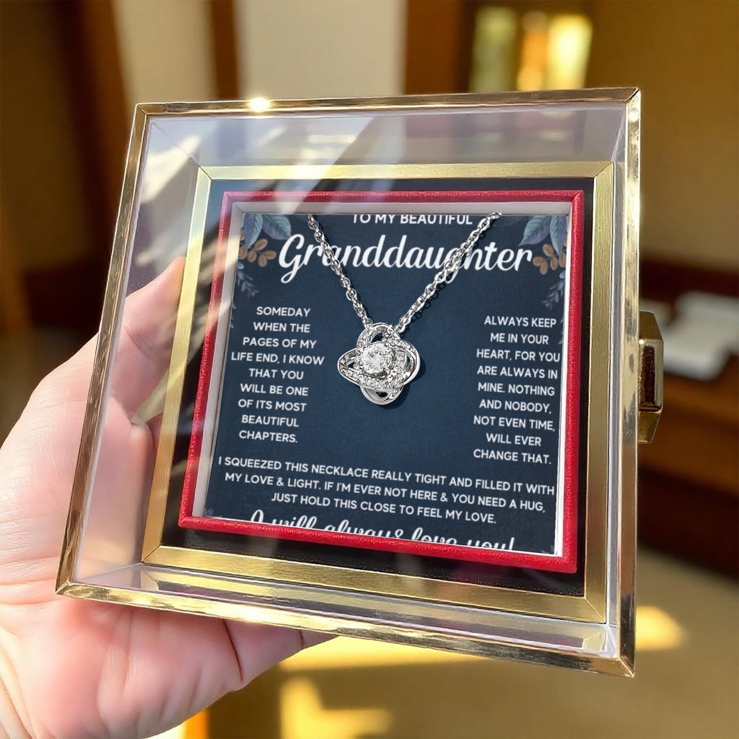 TO MY GRANDDAUGHTER SQUEEZED LOVE KNOT NECKLACE ROSE BOX GIFT SET