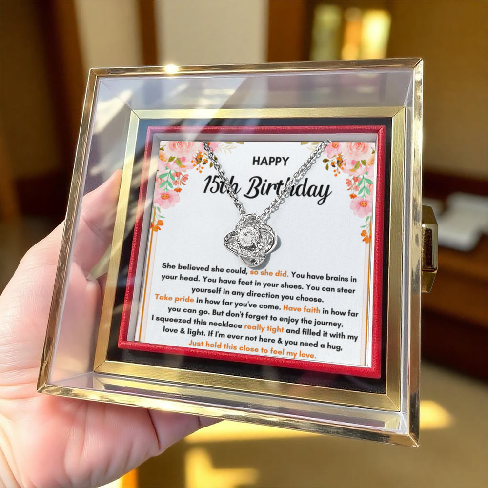 15TH BIRTHDAY SQUEEZED LOVE KNOT NECKLACE ROSE BOX GIFT SET