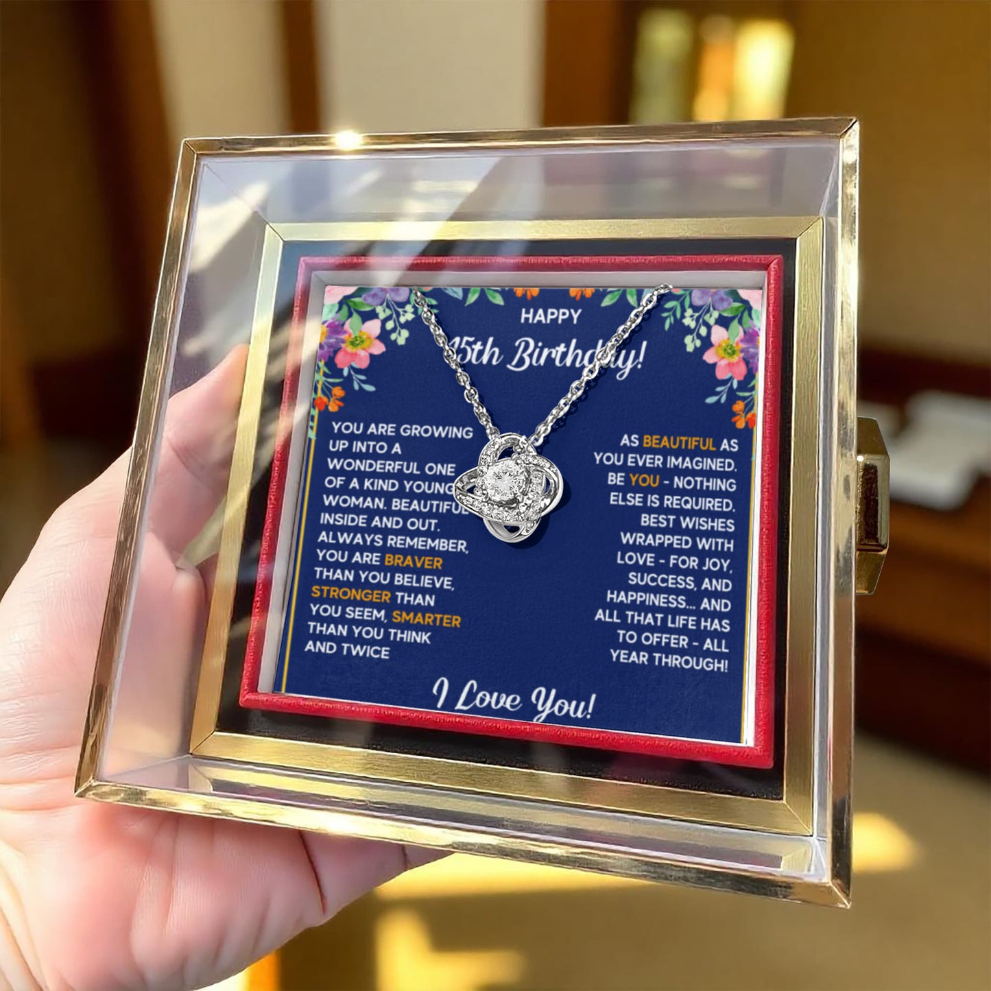 HAPPY 15TH BIRTHDAY WRAPPED LOVE KNOT NECKLACE ROSE BOX GIFT SET
