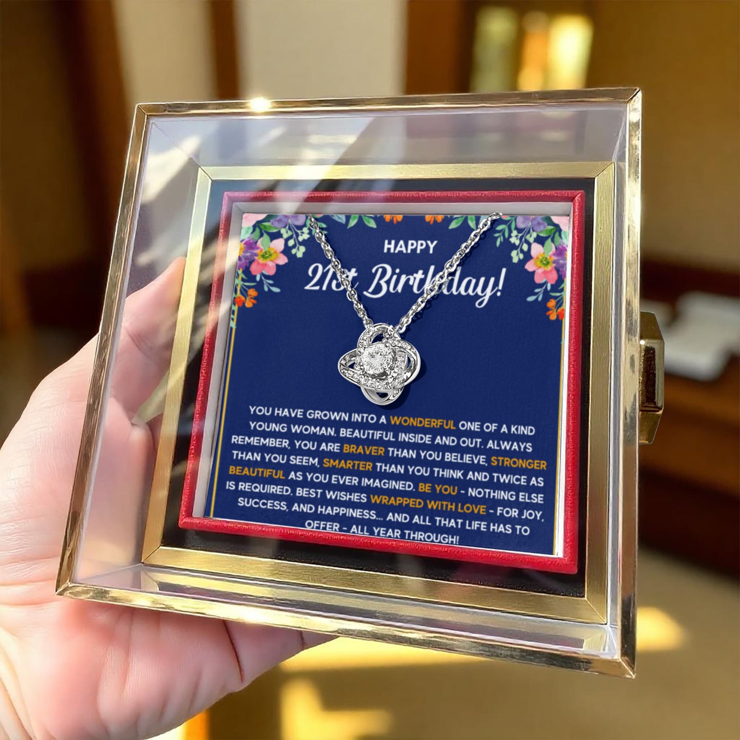 21ST BIRTHDAY WRAPPED LOVE KNOT NECKLACE ROSE BOX GIFT SET