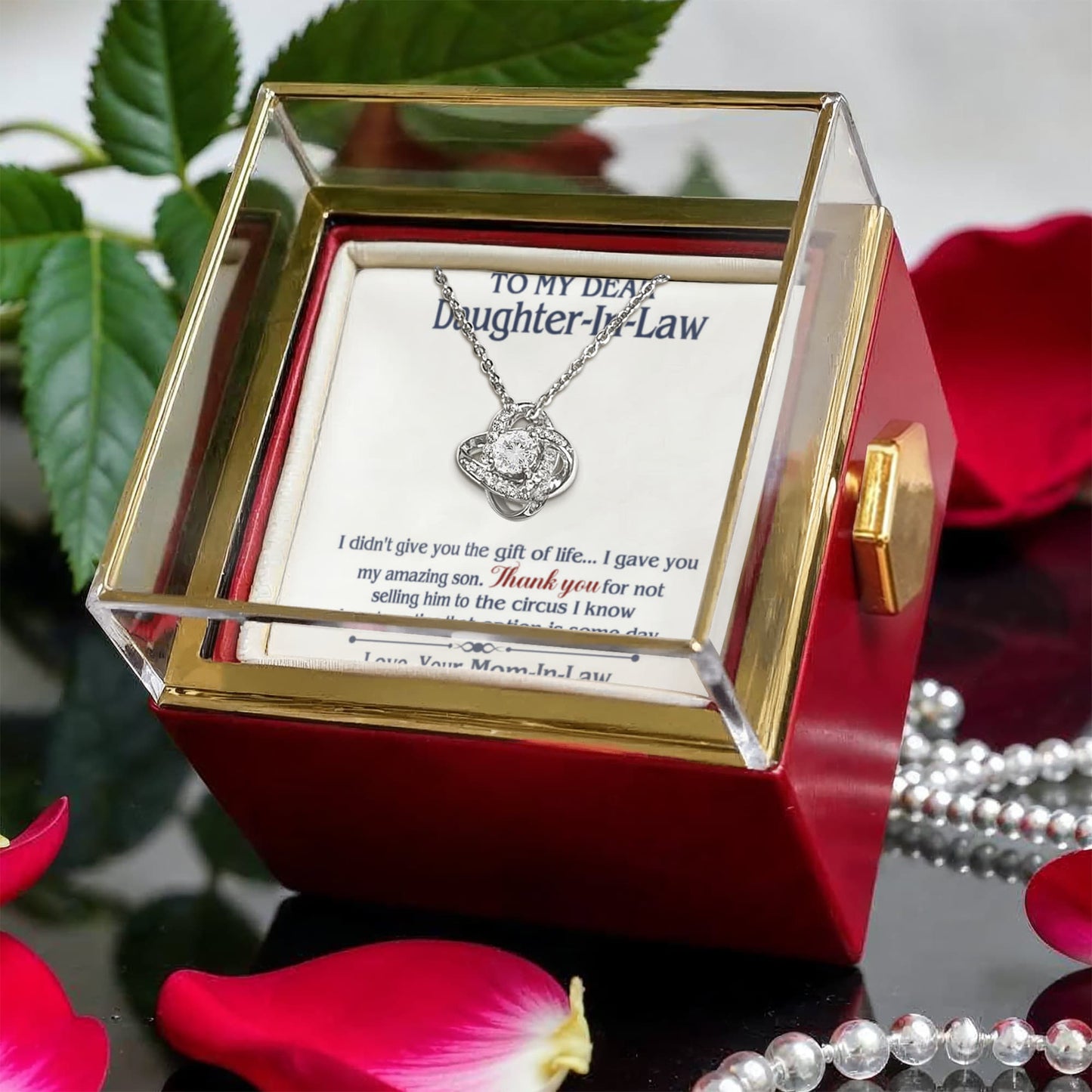 TO MY DAUGHTER IN LAW CIRCUS LOVE KNOT NECKLACE ROSE BOX GIFT SET