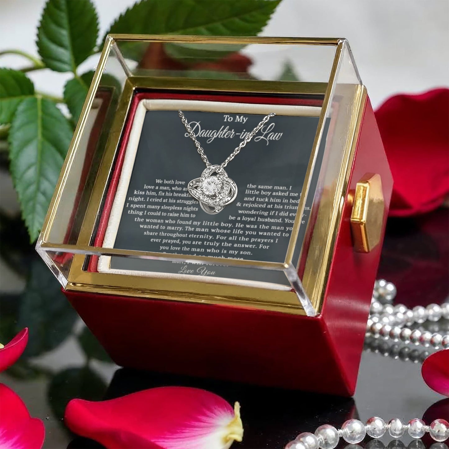 TO MY DAUGHTER IN LAW PRAYERS LOVE KNOT NECKLACE ROSE BOX GIFT SET
