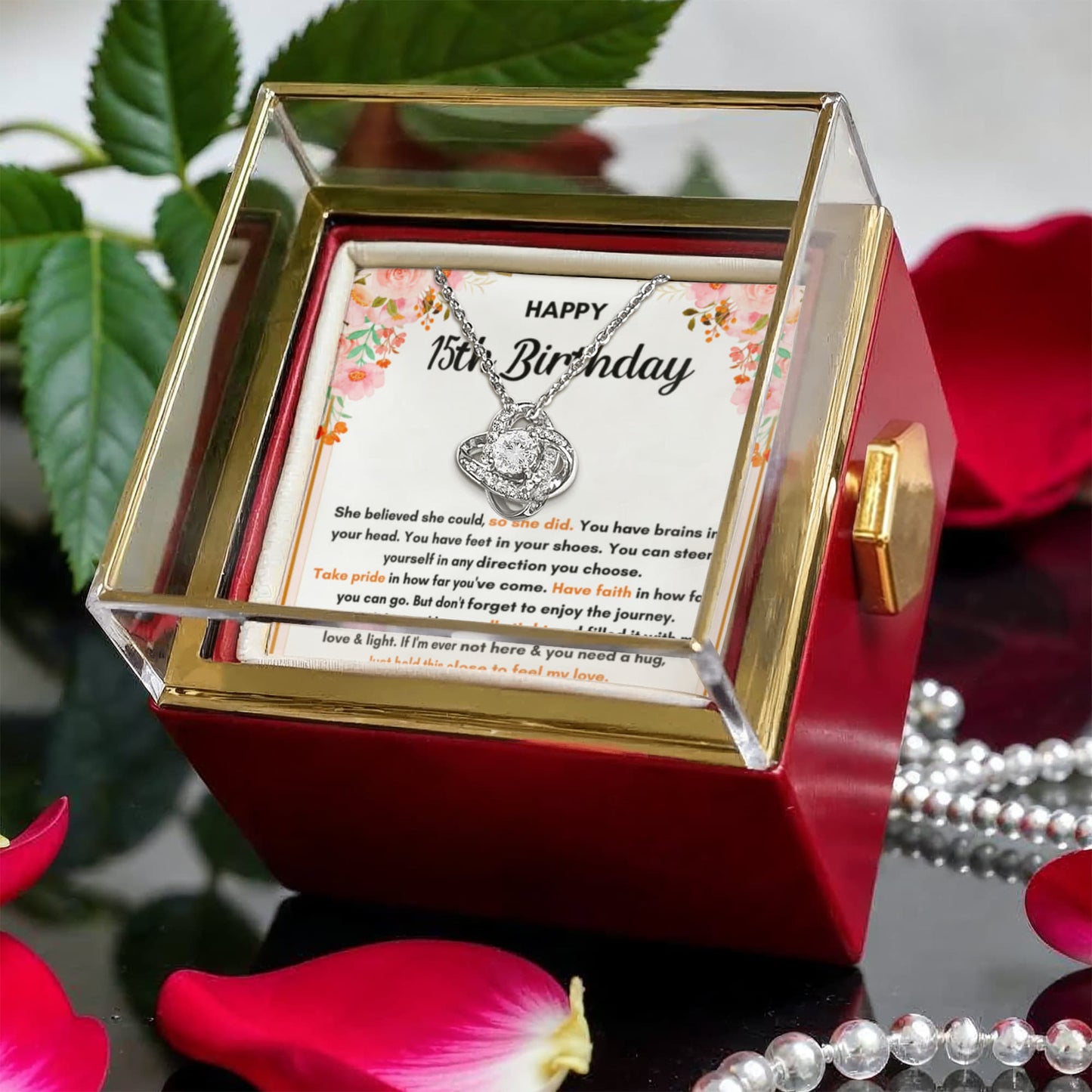 15TH BIRTHDAY SQUEEZED LOVE KNOT NECKLACE ROSE BOX GIFT SET