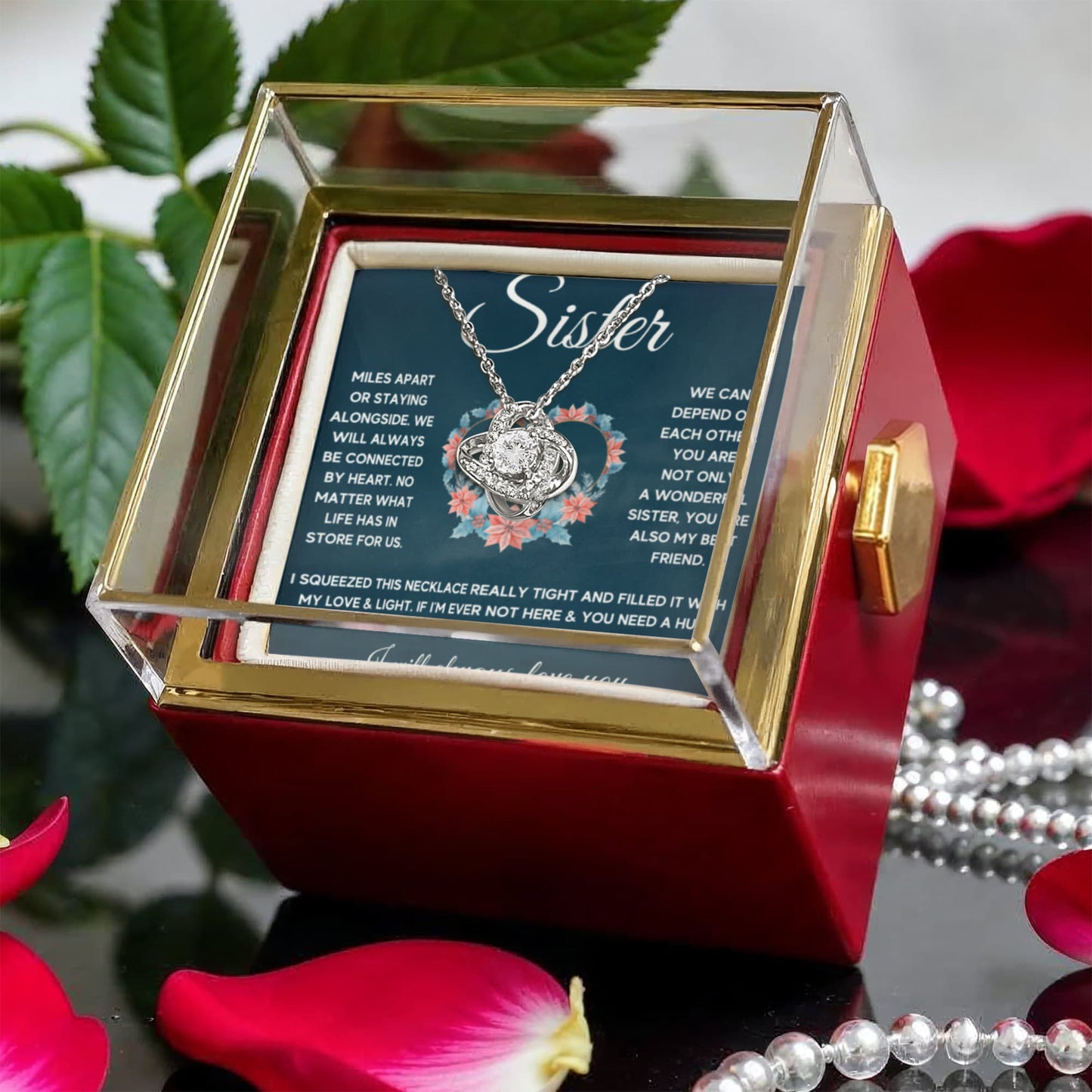 TO MY SISTER SQUEEZED LOVE KNOT NECKLACE ROSE BOX GIFT SET