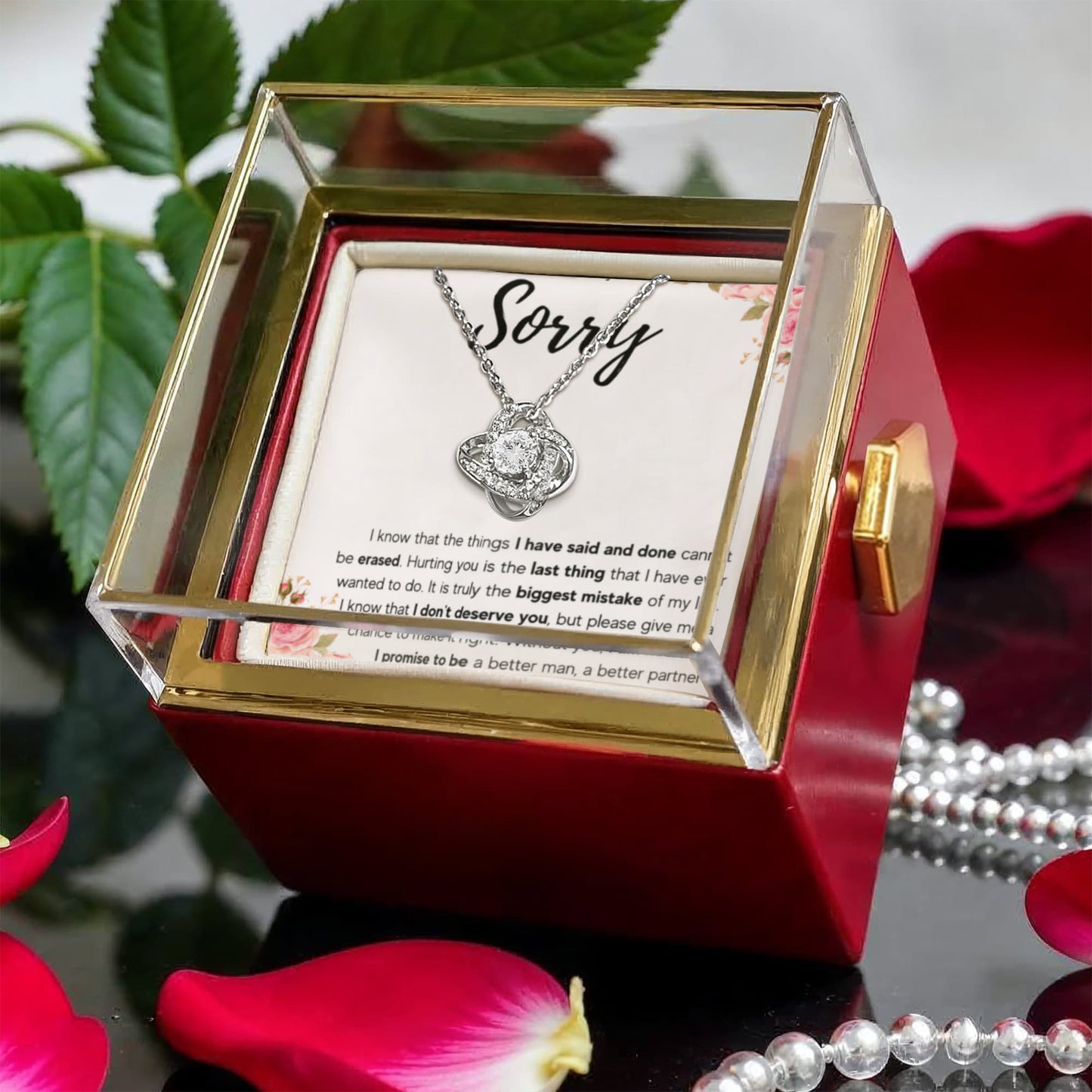 I'M SORRY MISTAKE LOVE KNOT NECKLACE ROSE BOX GIFT SET