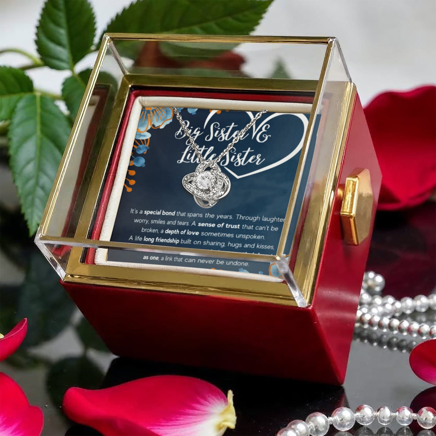 TO MY SISTER BOND KNOT NECKLACE ROSE BOX GIFT SET