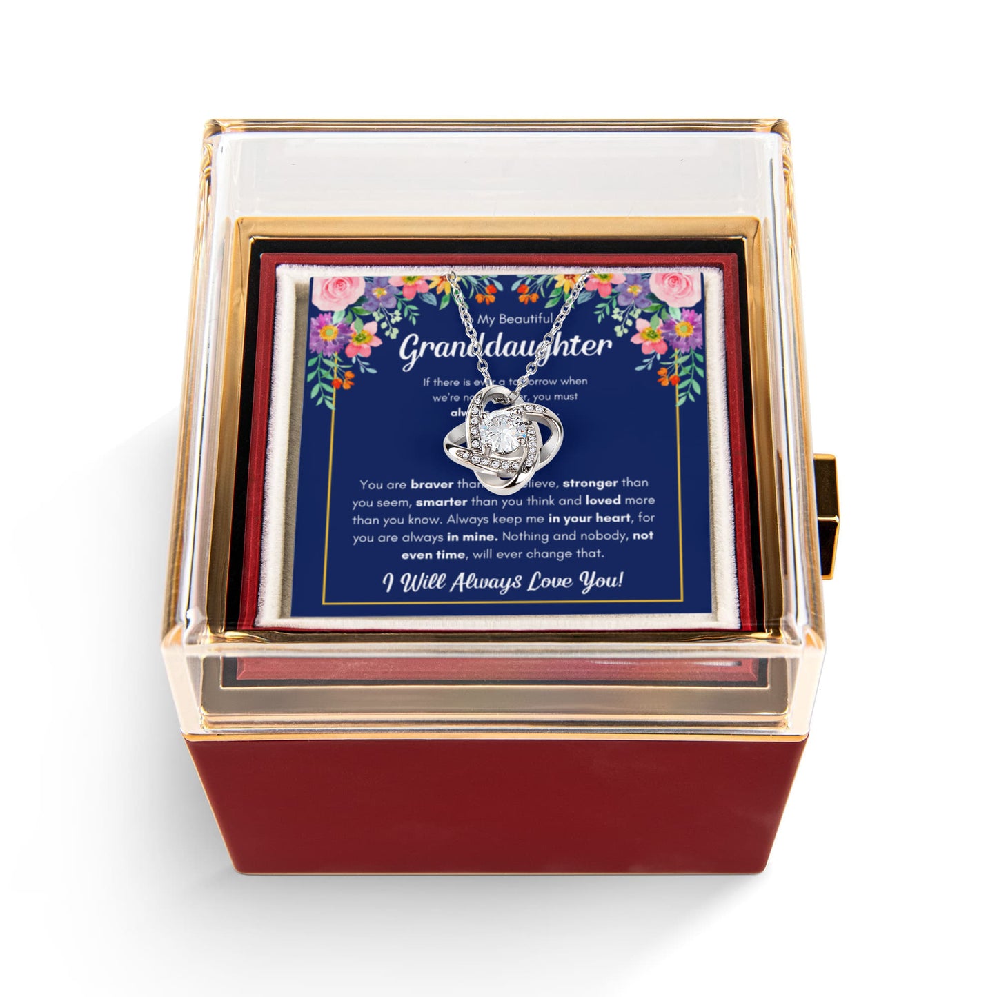 TO MY GRANDDAUGHTER BRAVER LOVE KNOT NECKLACE ROSE BOX GIFT SET