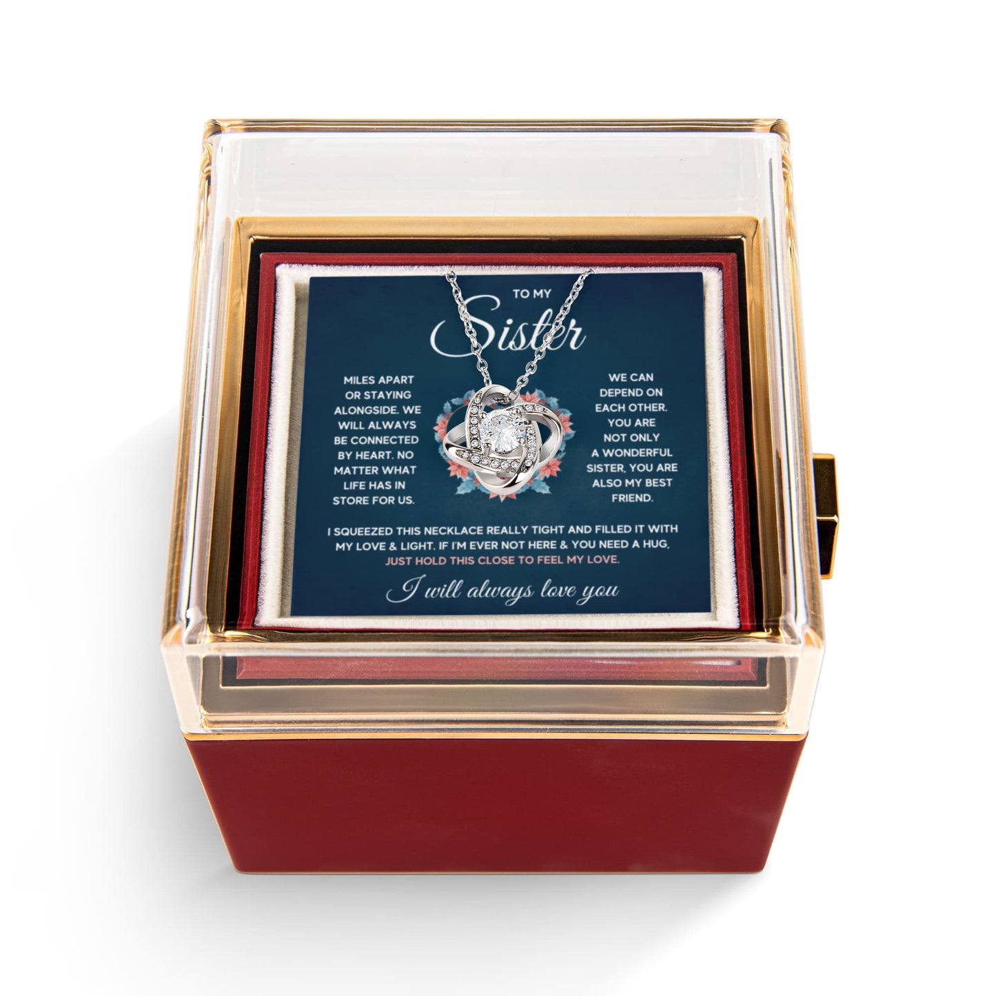 TO MY SISTER SQUEEZED LOVE KNOT NECKLACE ROSE BOX GIFT SET
