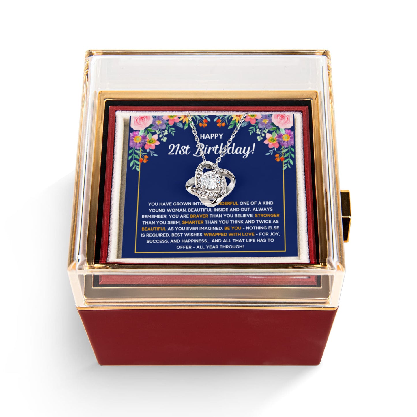 21ST BIRTHDAY WRAPPED LOVE KNOT NECKLACE ROSE BOX GIFT SET