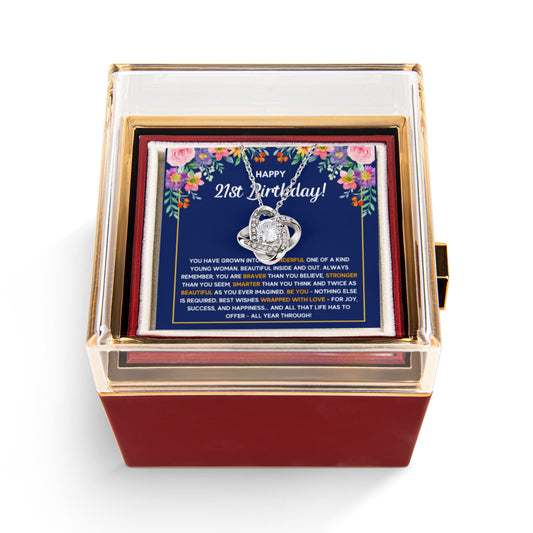 21ST BIRTHDAY WRAPPED LOVE KNOT NECKLACE ROSE BOX GIFT SET