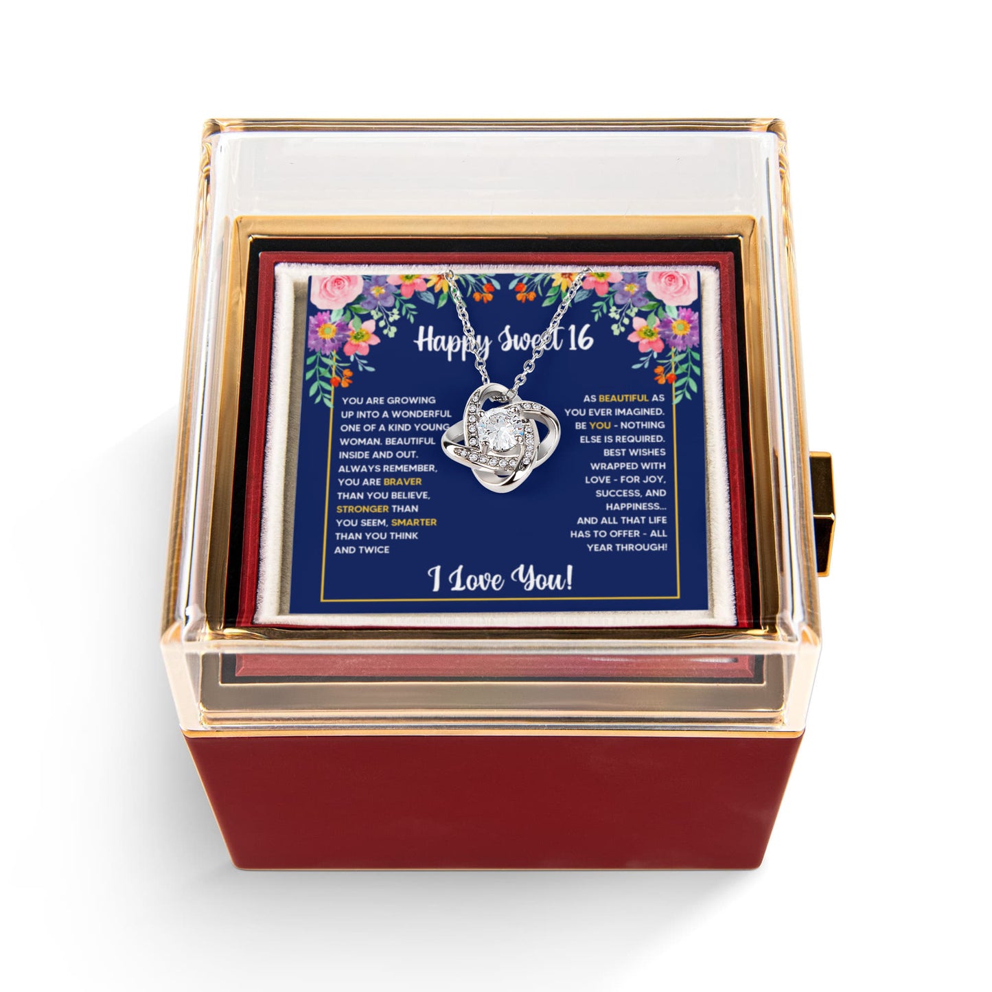 SWEET 16 WRAPPED LOVE KNOT NECKLACE ROSE BOX GIFT SET